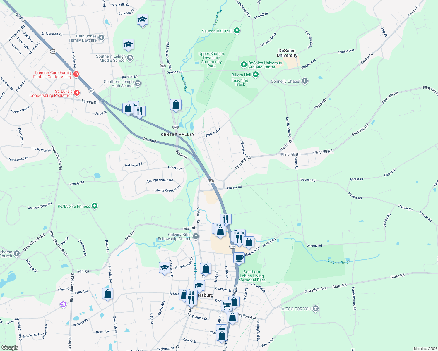 map of restaurants, bars, coffee shops, grocery stores, and more near 6591 New Street in Center Valley