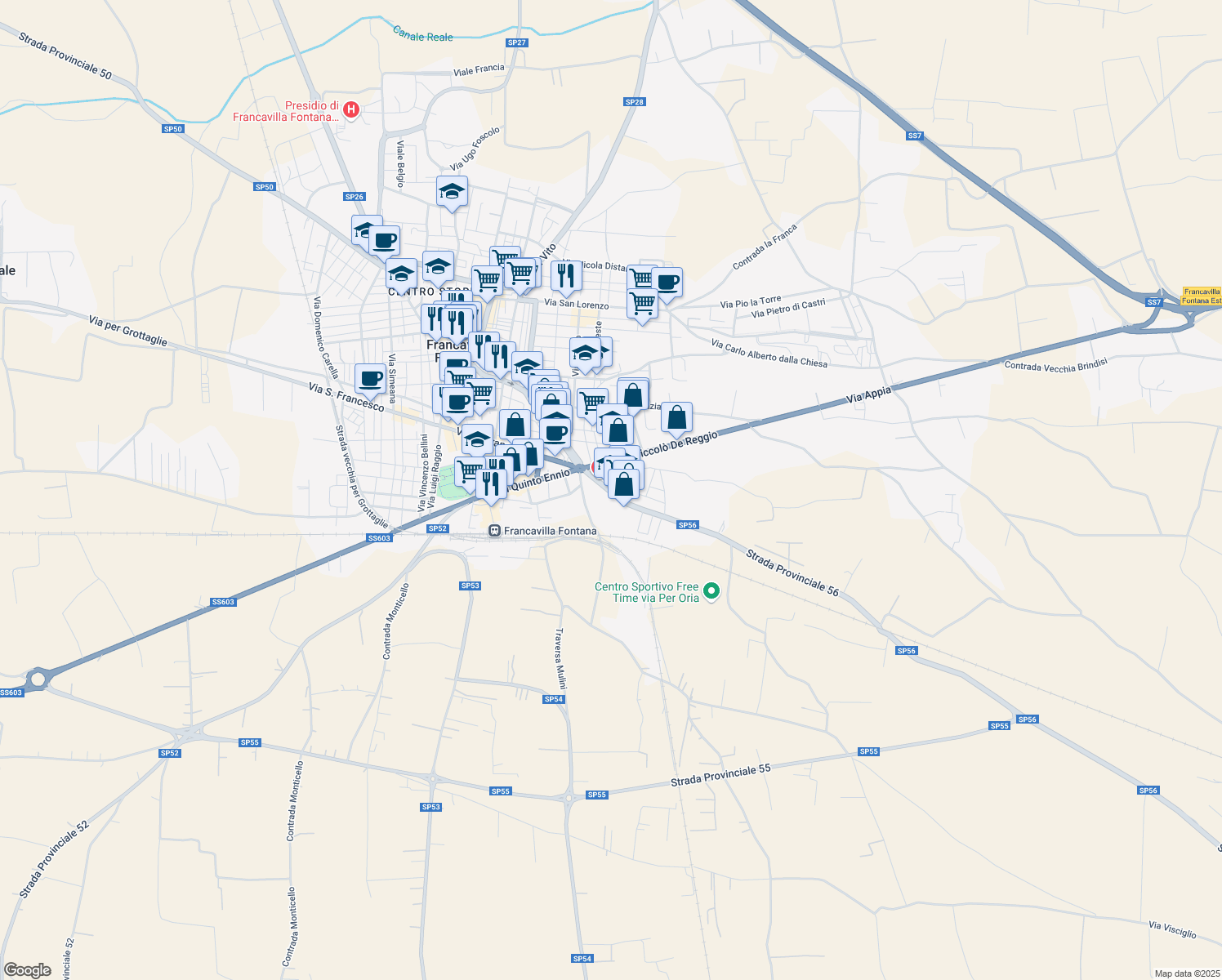 map of restaurants, bars, coffee shops, grocery stores, and more near 21 Via Giovanni Pascoli in Francavilla Fontana
