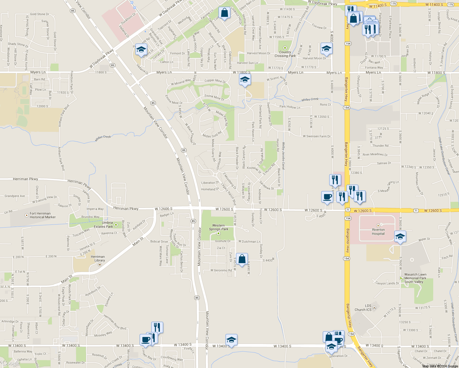 map of restaurants, bars, coffee shops, grocery stores, and more near 12446 South Mossberg Drive in Herriman