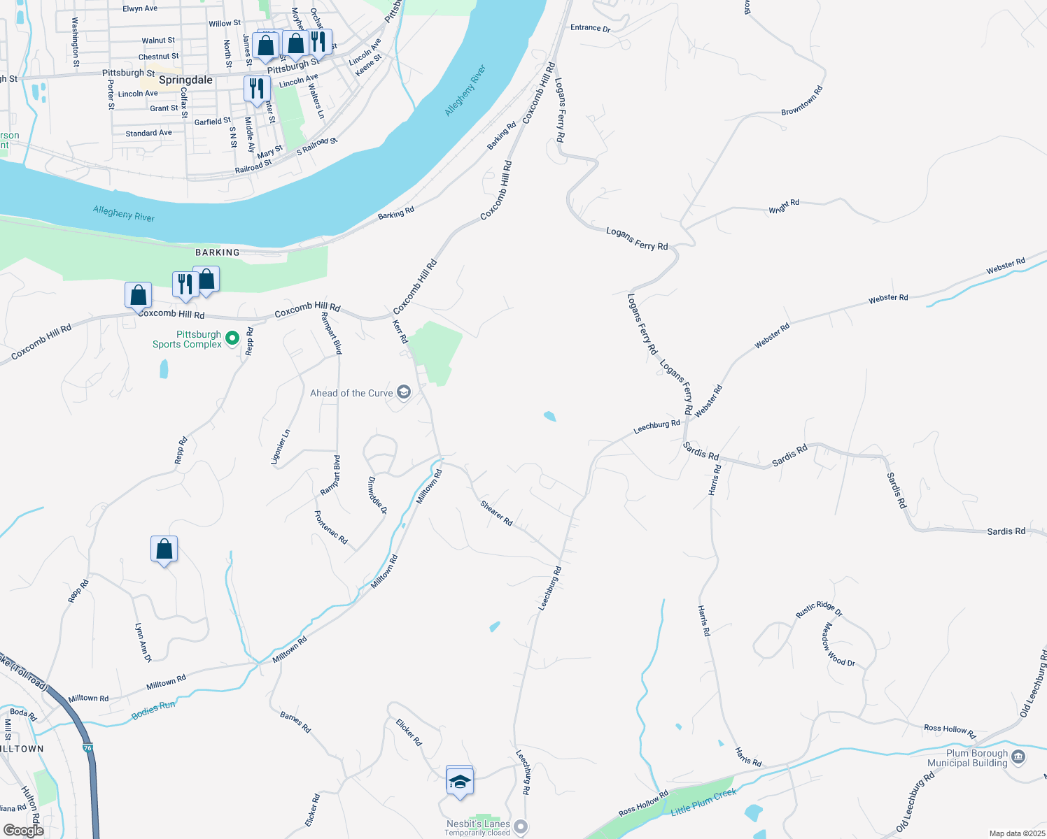 map of restaurants, bars, coffee shops, grocery stores, and more near 7028 Leechburg Road in New Kensington
