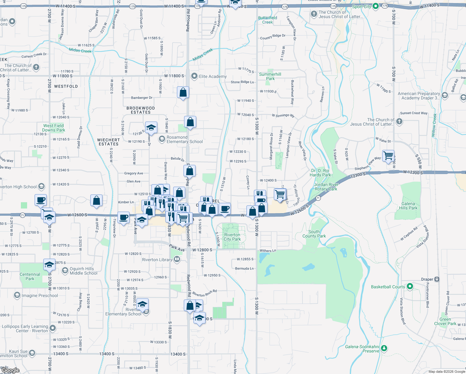 map of restaurants, bars, coffee shops, grocery stores, and more near 12433 Harvest Avenue in Riverton