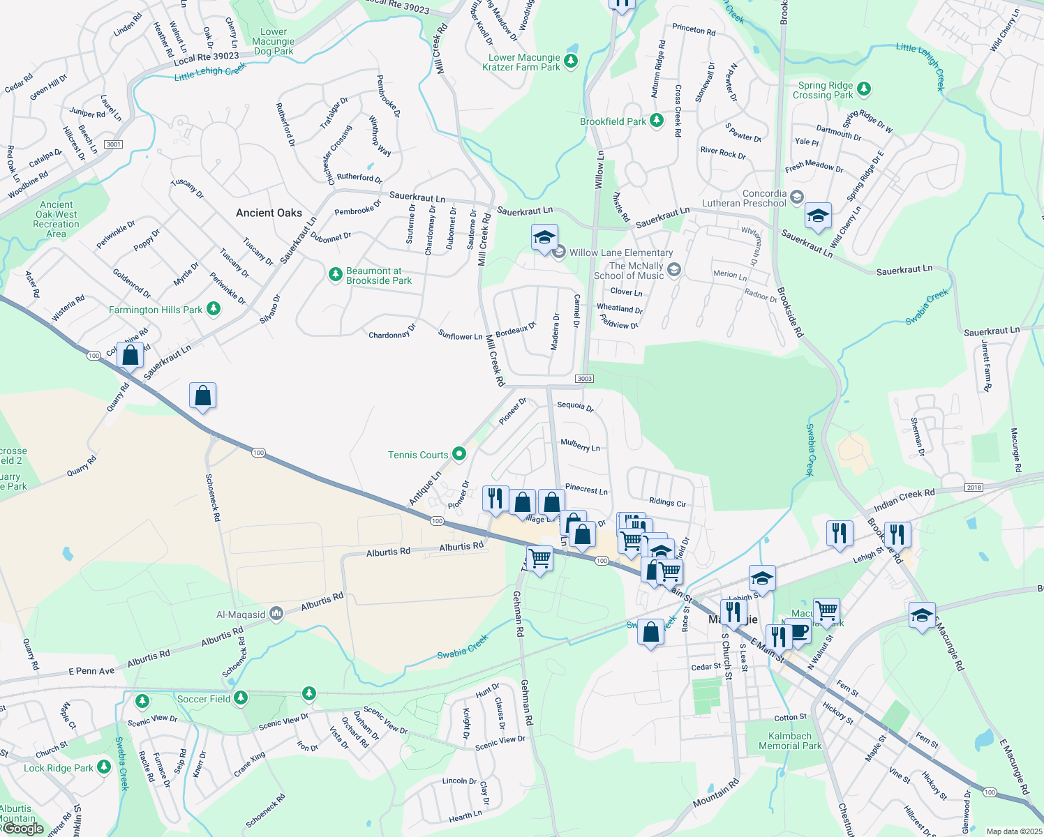 map of restaurants, bars, coffee shops, grocery stores, and more near 2867 Sequoia Dr in Macungie