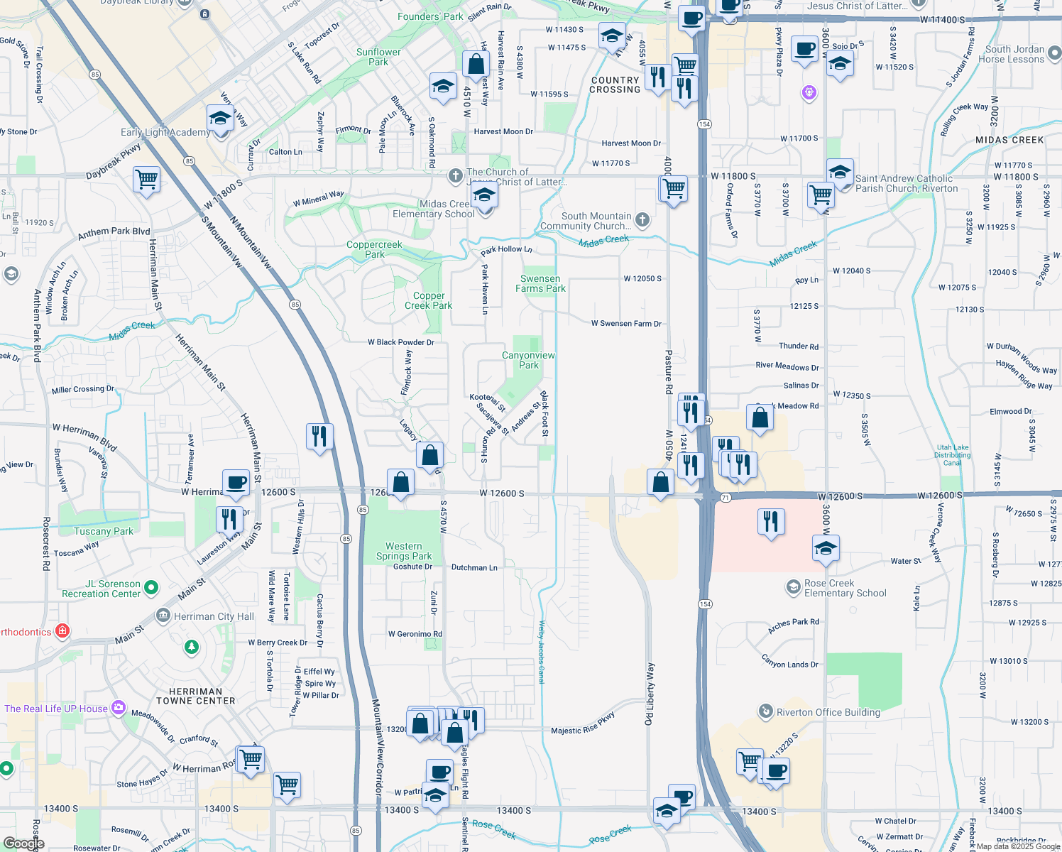 map of restaurants, bars, coffee shops, grocery stores, and more near 12428 Omaha St in Riverton