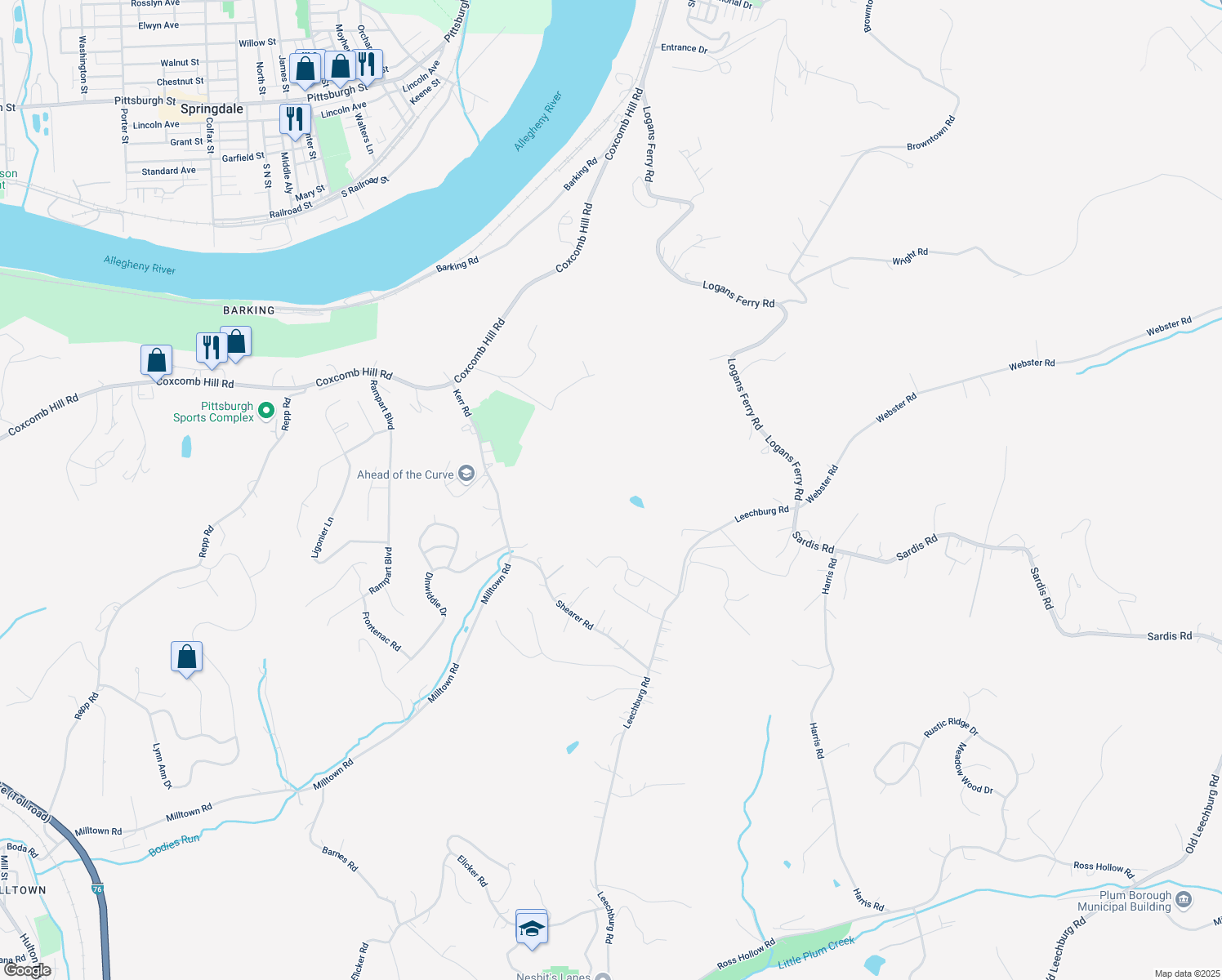 map of restaurants, bars, coffee shops, grocery stores, and more near 7028 Leechburg Road in New Kensington
