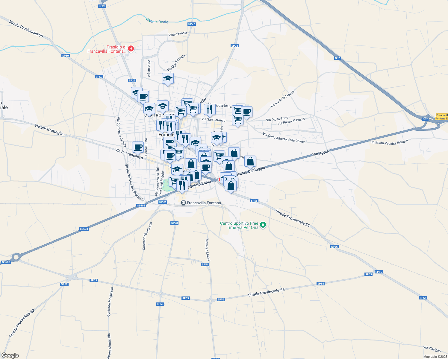 map of restaurants, bars, coffee shops, grocery stores, and more near 21 Via Giovanni Pascoli in Francavilla Fontana