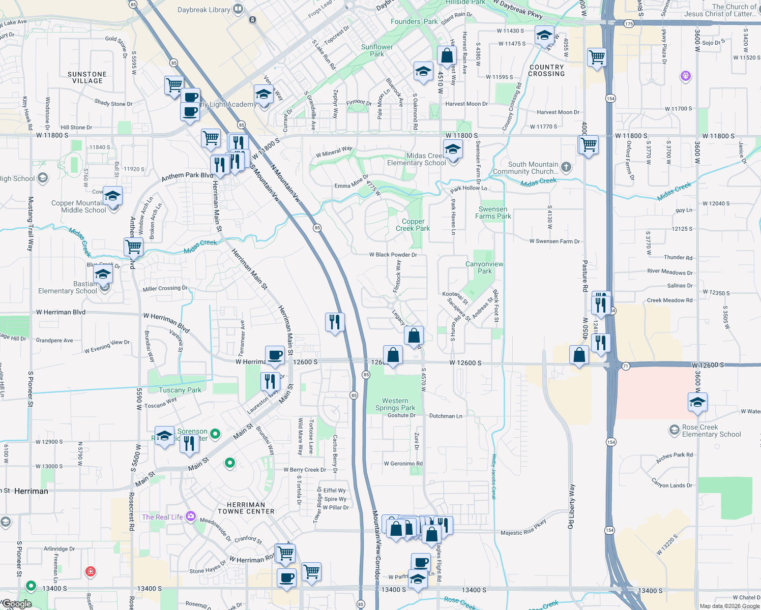 map of restaurants, bars, coffee shops, grocery stores, and more near 4724 Wagon Train Drive in Herriman