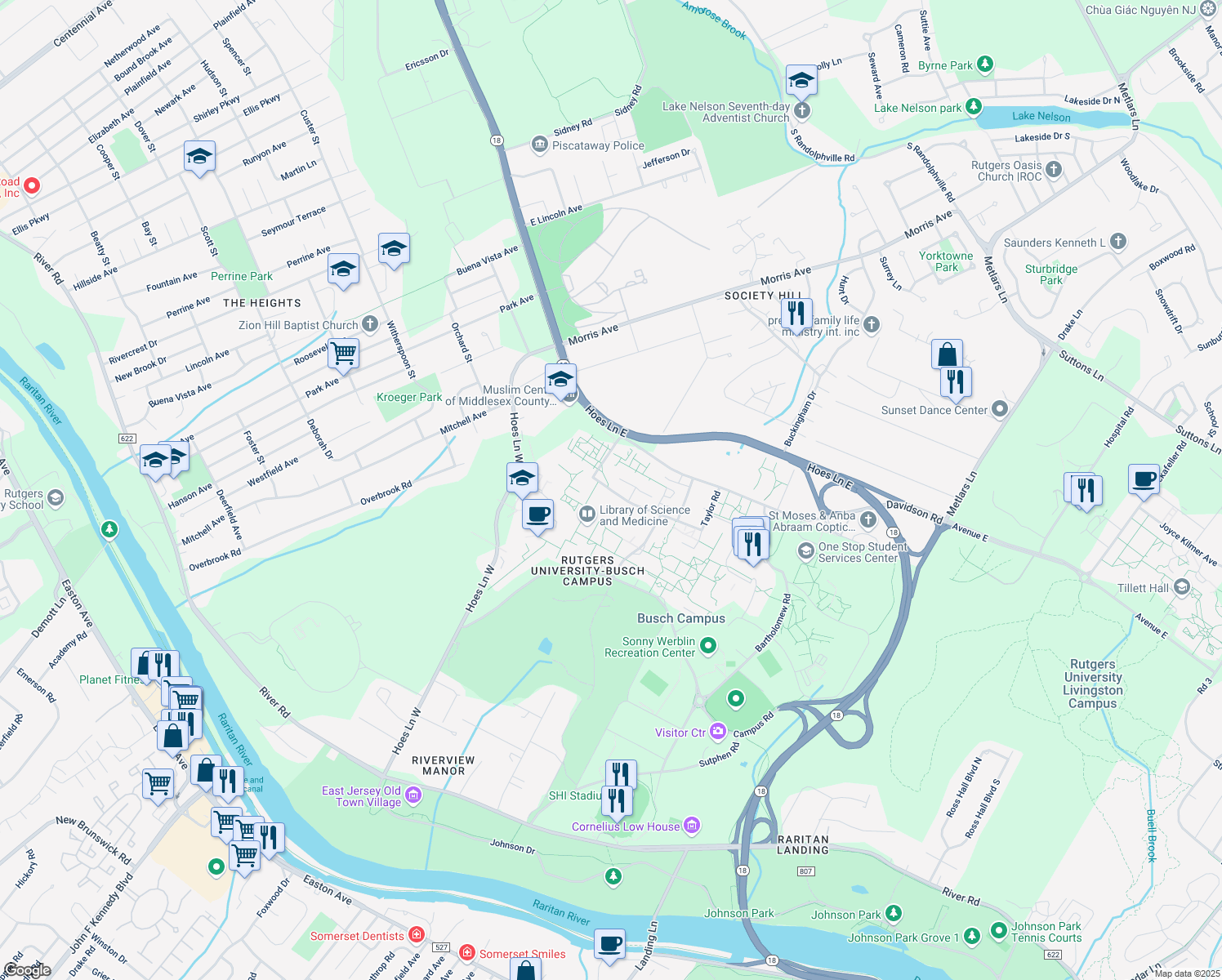 map of restaurants, bars, coffee shops, grocery stores, and more near 189 Bevier Road in Piscataway Township