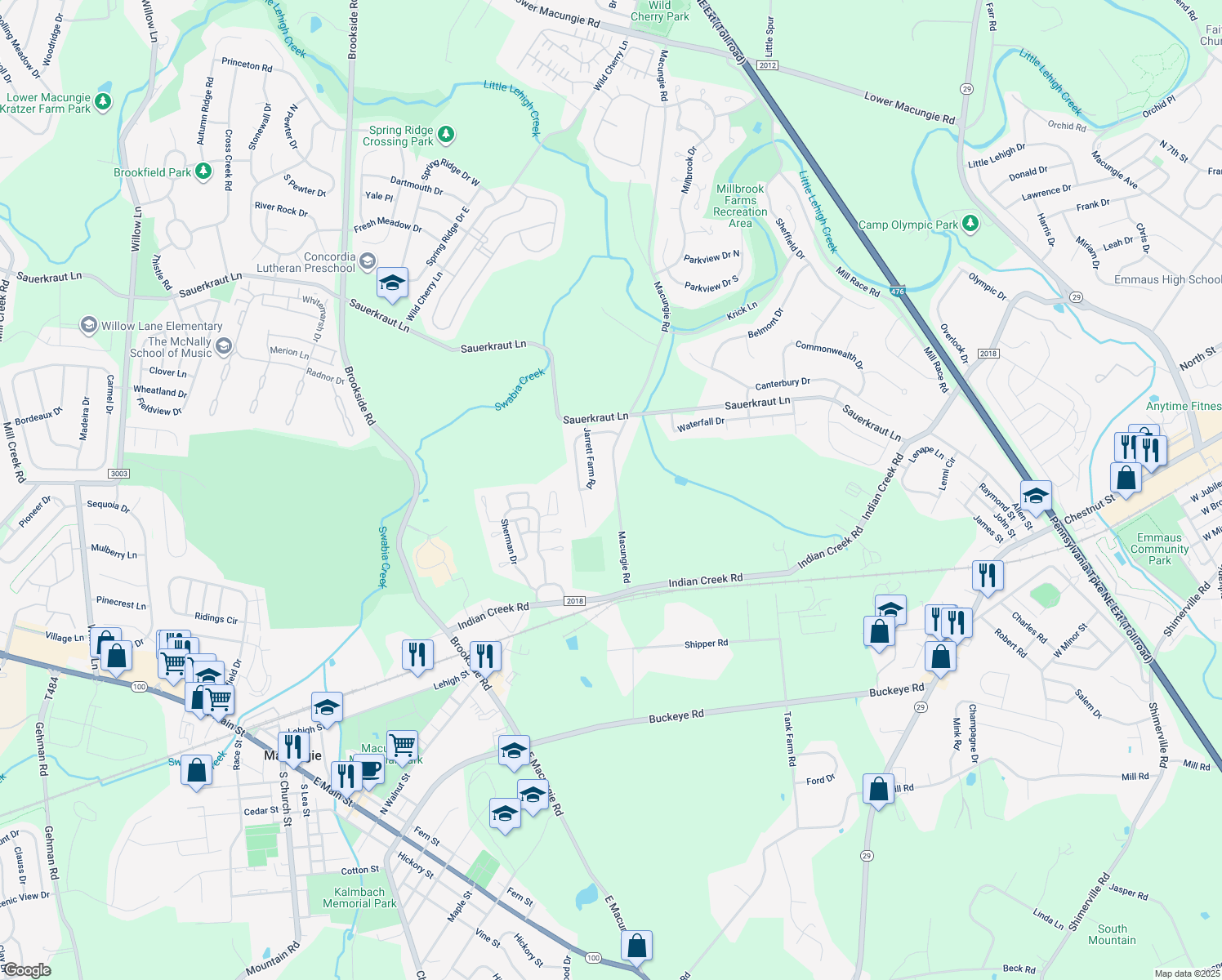map of restaurants, bars, coffee shops, grocery stores, and more near 3380 Macungie Road in Macungie