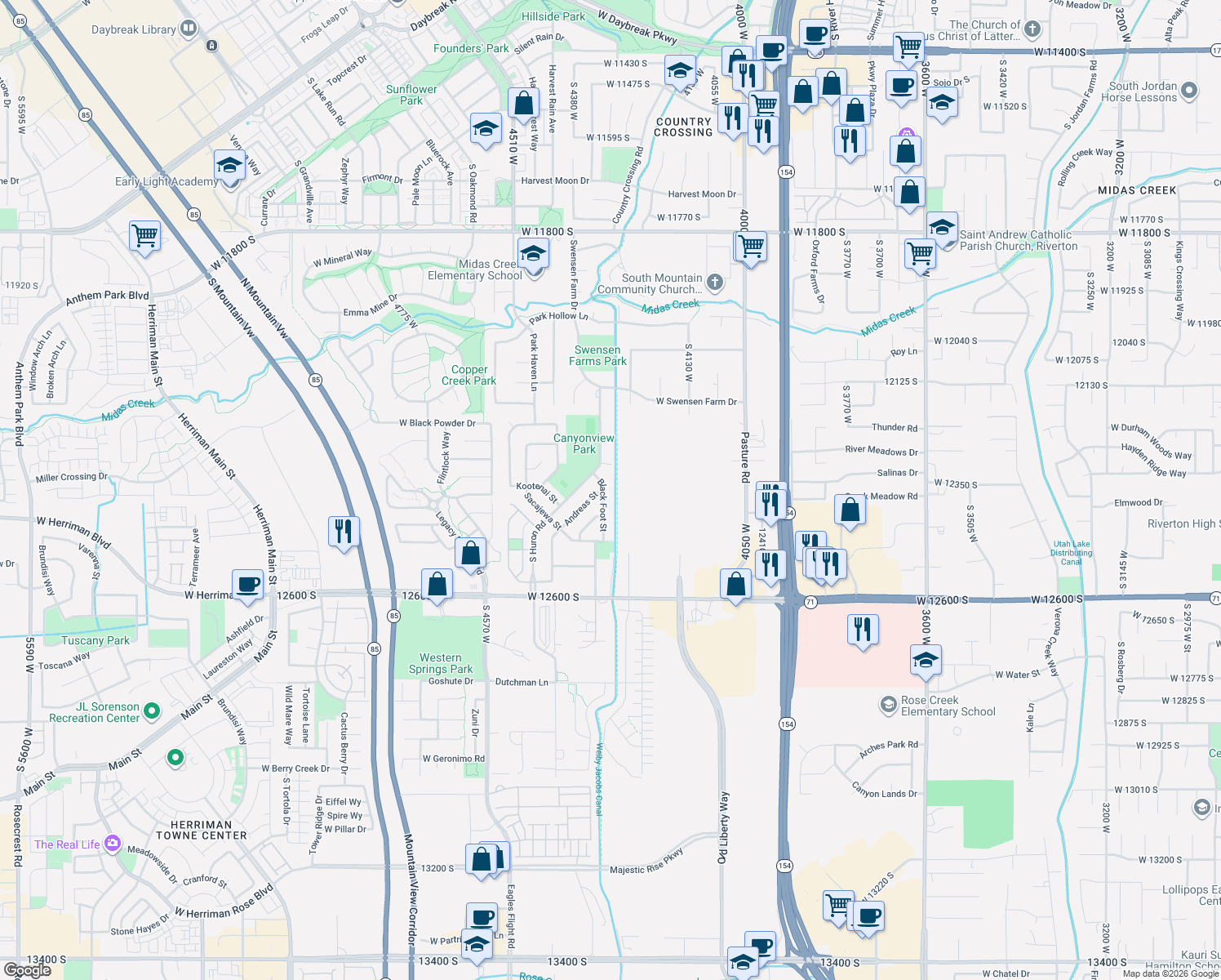 map of restaurants, bars, coffee shops, grocery stores, and more near 12367 Black Foot Street in Riverton