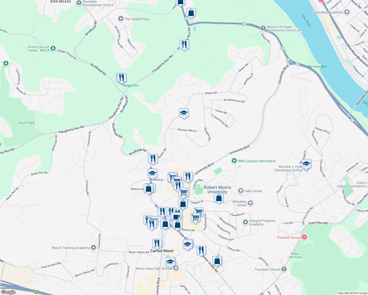 map of restaurants, bars, coffee shops, grocery stores, and more near 128 Dover Drive in Coraopolis