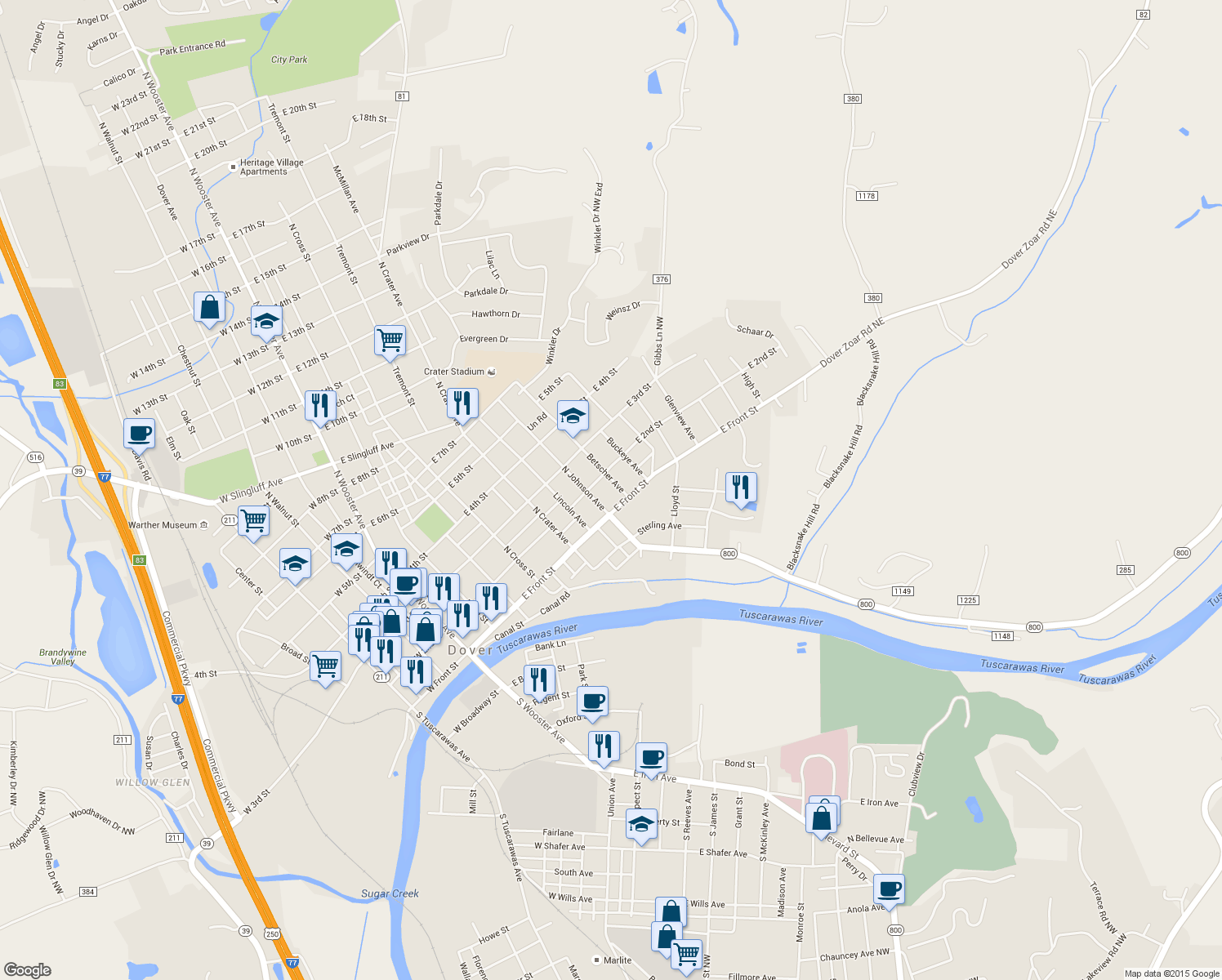 map of restaurants, bars, coffee shops, grocery stores, and more near 114 Betscher Avenue in Dover