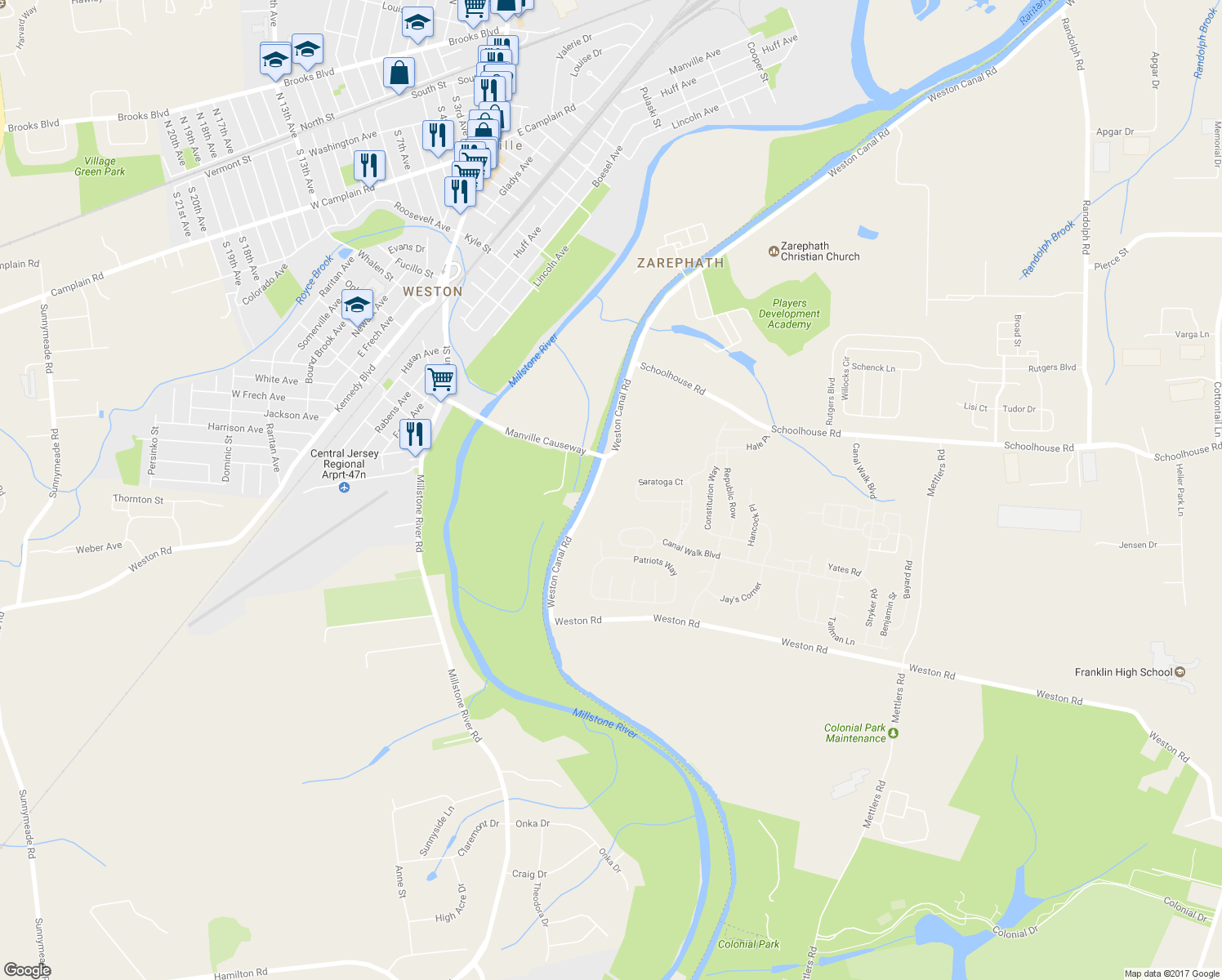 map of restaurants, bars, coffee shops, grocery stores, and more near 687 Weston Canal Road in Franklin Township