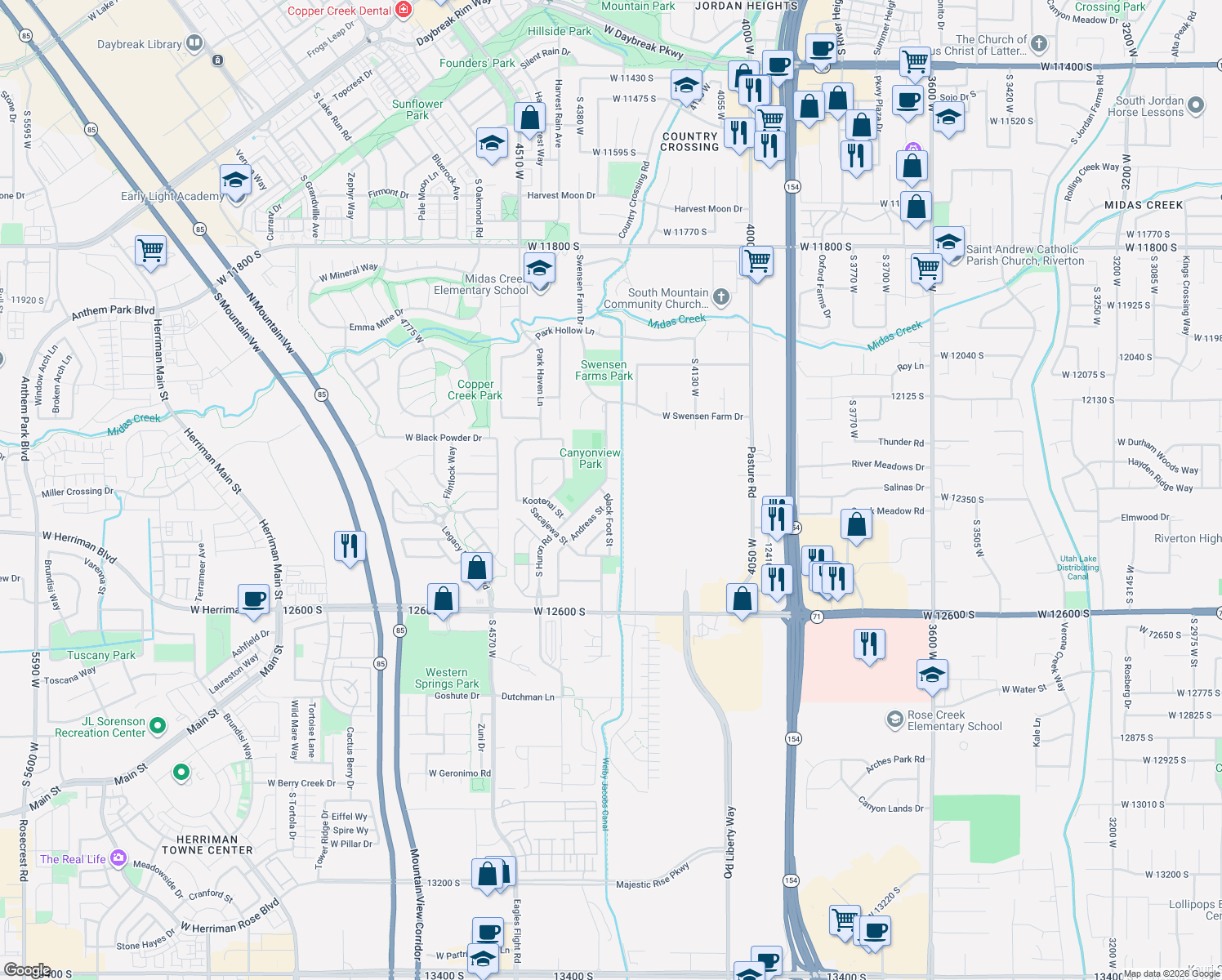 map of restaurants, bars, coffee shops, grocery stores, and more near 12339 Black Foot Street in Riverton