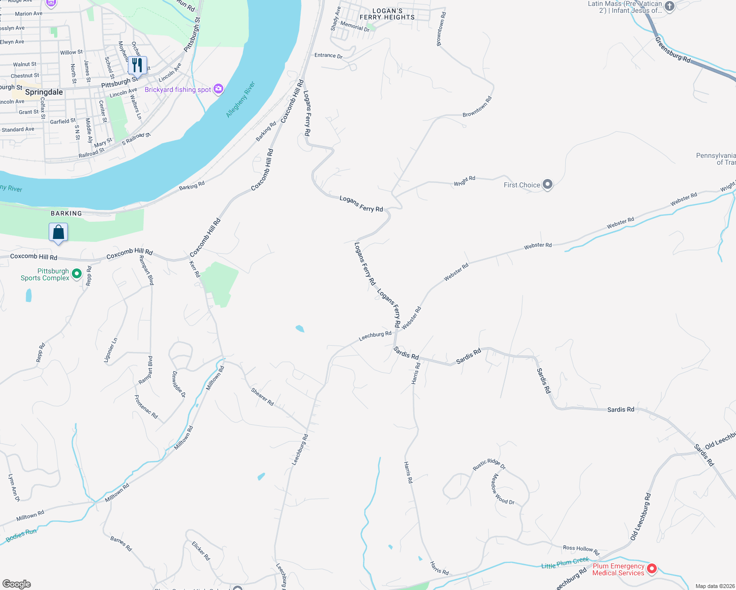 map of restaurants, bars, coffee shops, grocery stores, and more near 2006 Logans Ferry Road in New Kensington