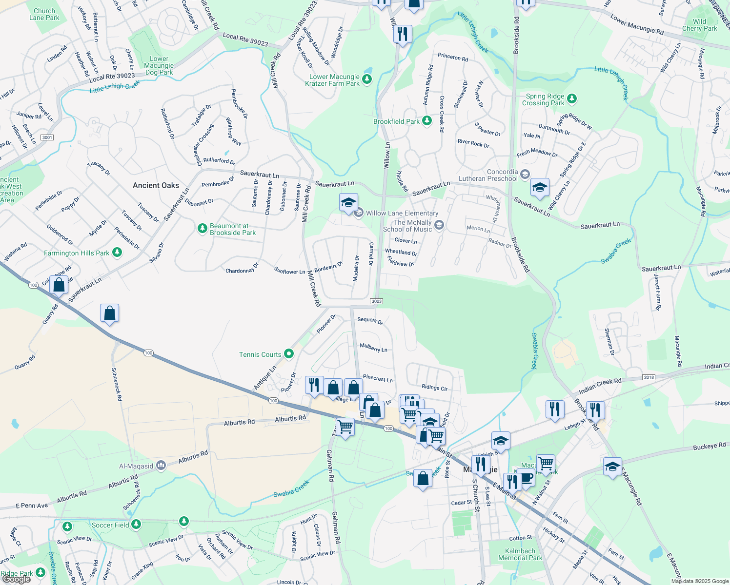 map of restaurants, bars, coffee shops, grocery stores, and more near 6583 Carmel Drive in Macungie