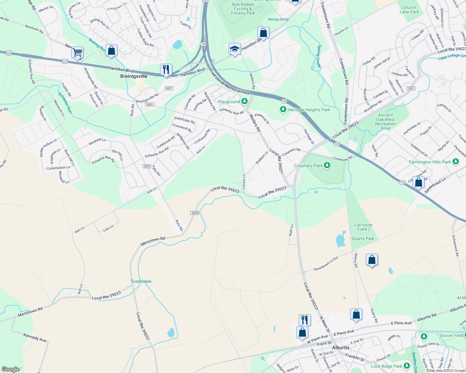 map of restaurants, bars, coffee shops, grocery stores, and more near 8579 Mertztown Road in Mertztown