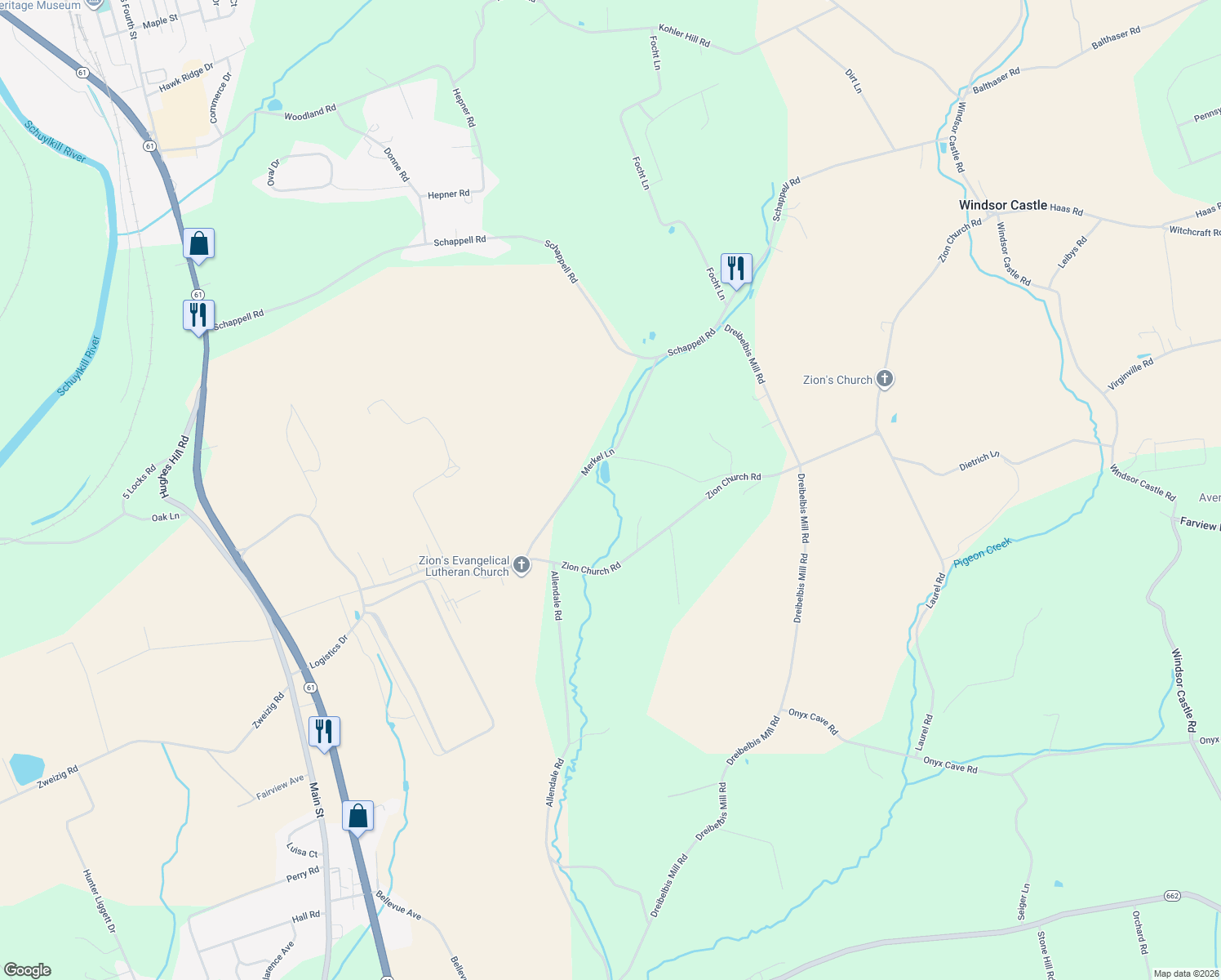 map of restaurants, bars, coffee shops, grocery stores, and more near 175 Merkel Lane in Shoemakersville
