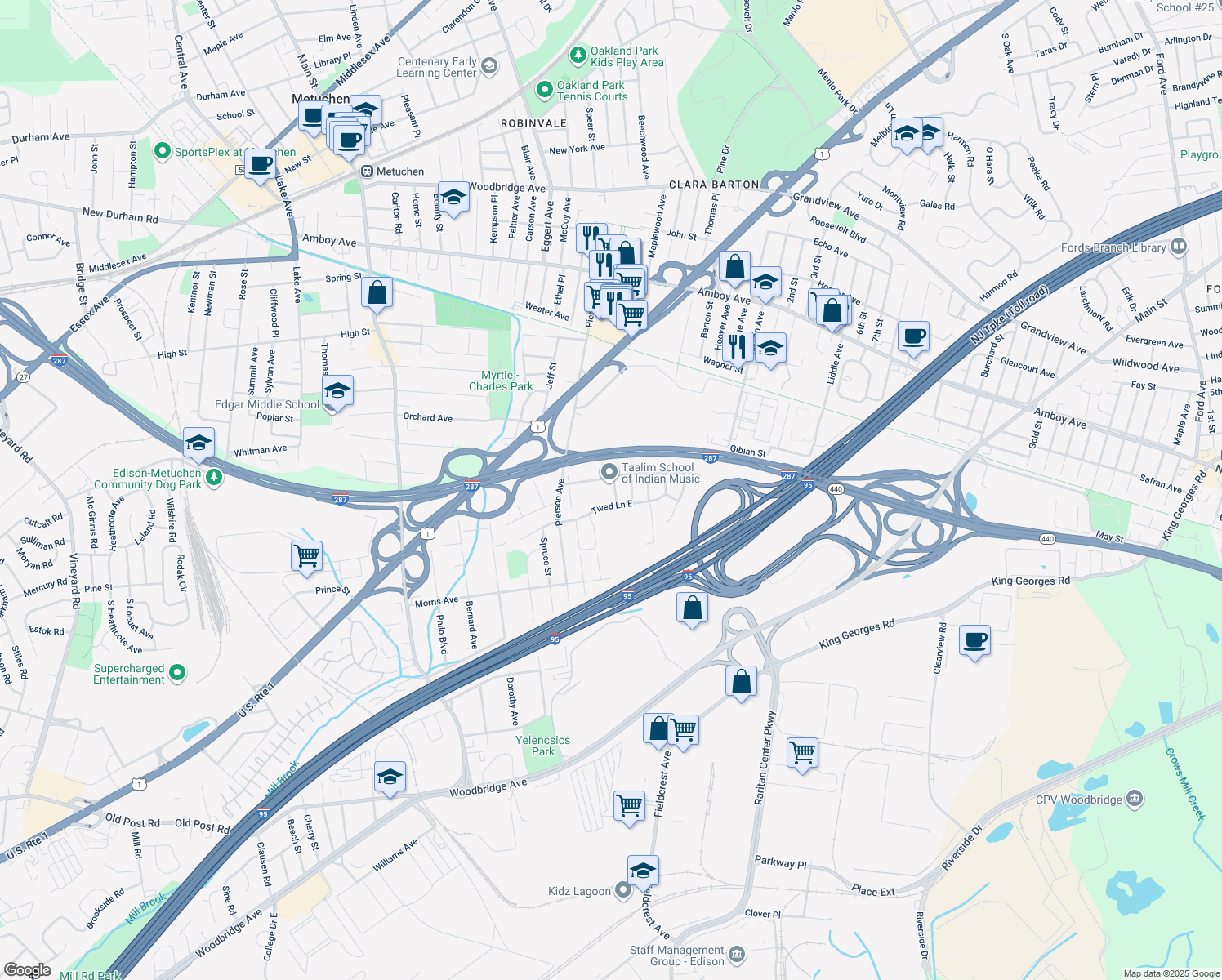 map of restaurants, bars, coffee shops, grocery stores, and more near 9 Chokeberry Drive in Edison