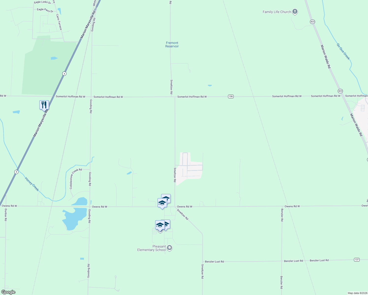 map of restaurants, bars, coffee shops, grocery stores, and more near 3078 Smeltzer Rd in Marion