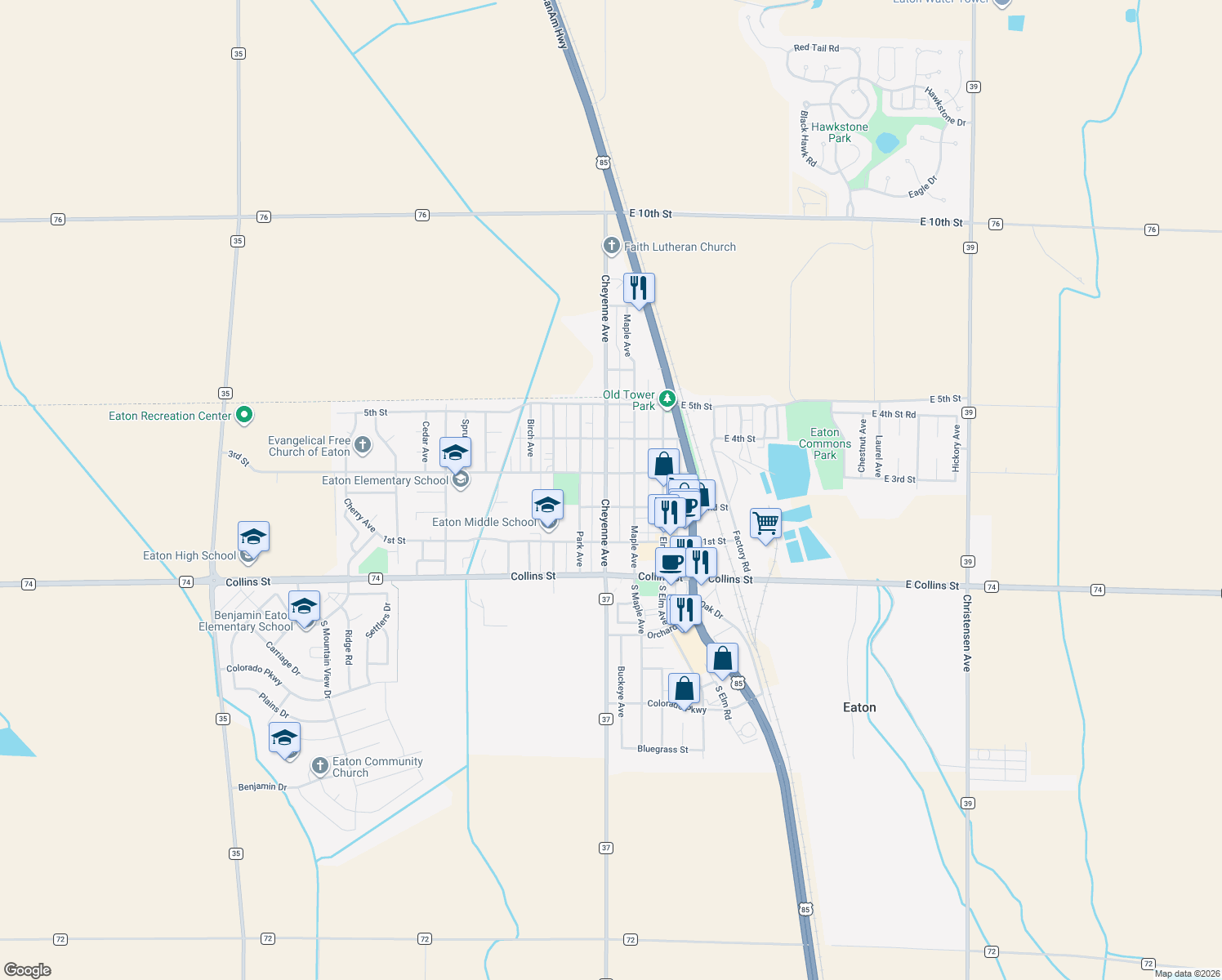 map of restaurants, bars, coffee shops, grocery stores, and more near 215 Cheyenne Avenue in Eaton