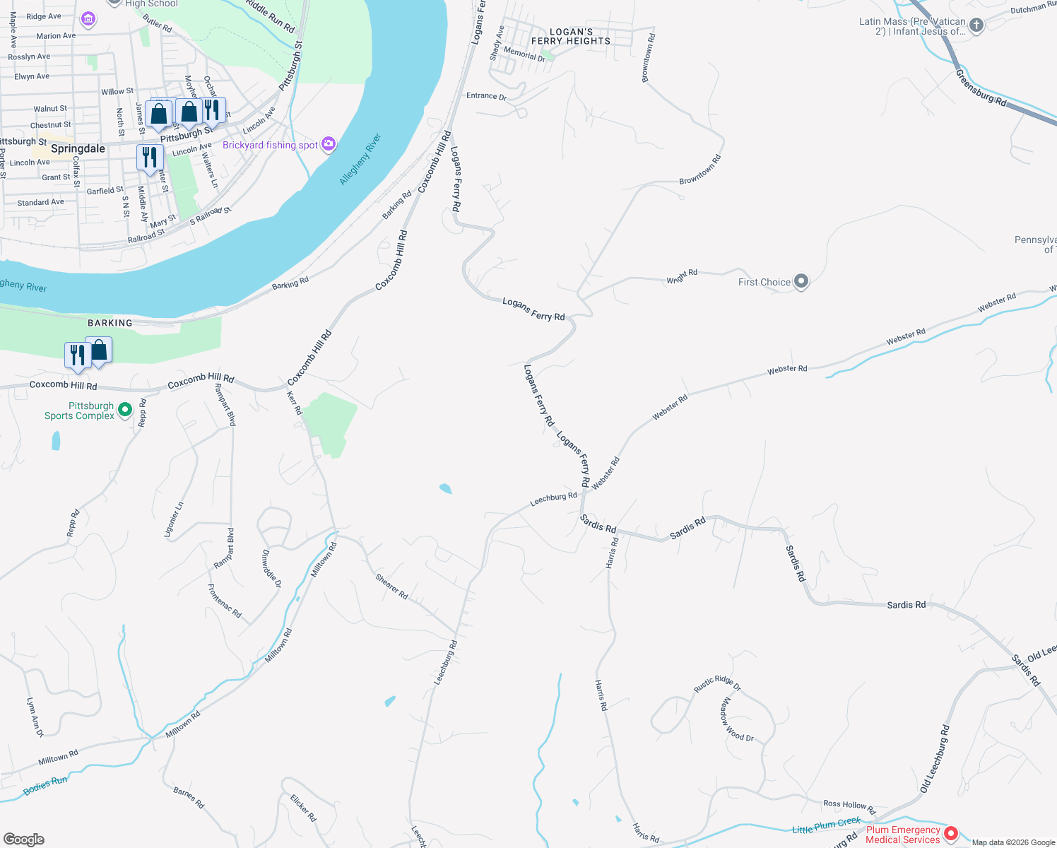 map of restaurants, bars, coffee shops, grocery stores, and more near 2006 Logans Ferry Rd in New Kensington