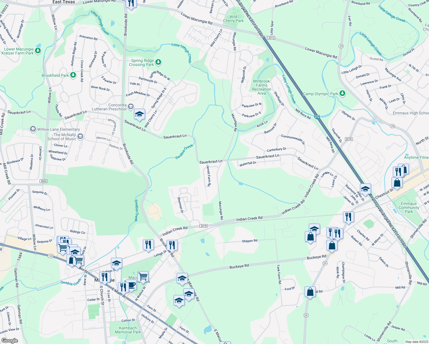 map of restaurants, bars, coffee shops, grocery stores, and more near 3270 Macungie Road in Macungie
