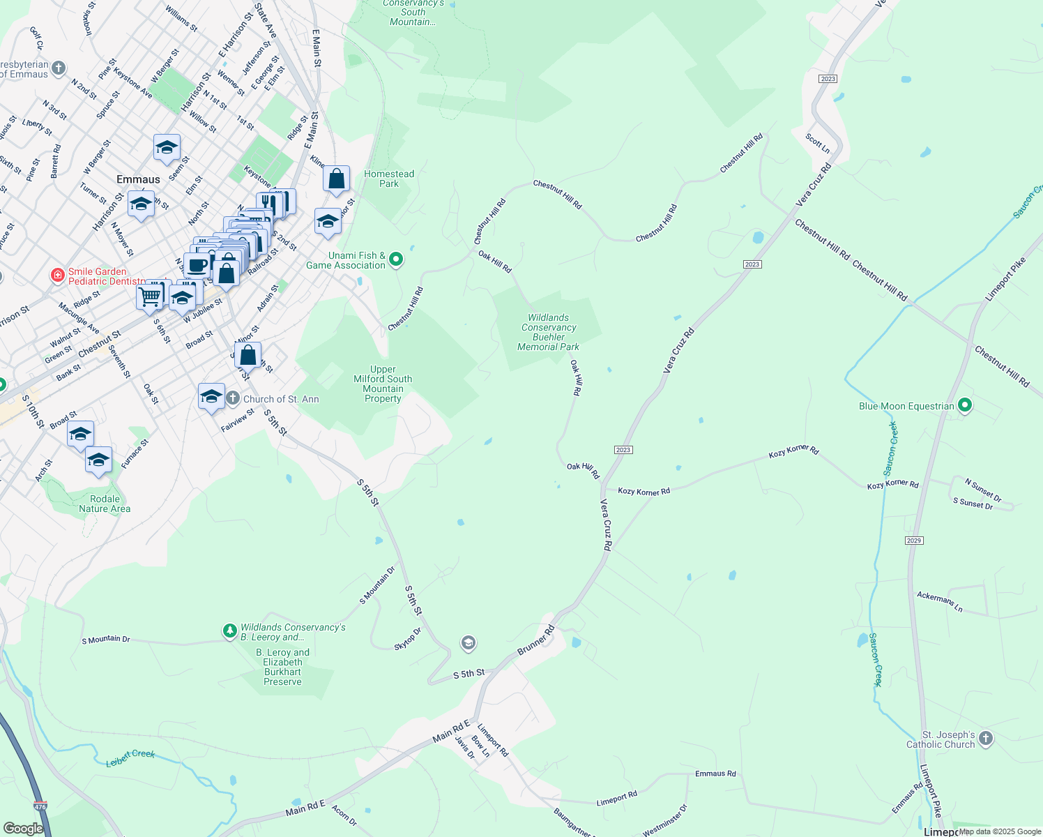 map of restaurants, bars, coffee shops, grocery stores, and more near 4551 Oak Hill Road in Emmaus