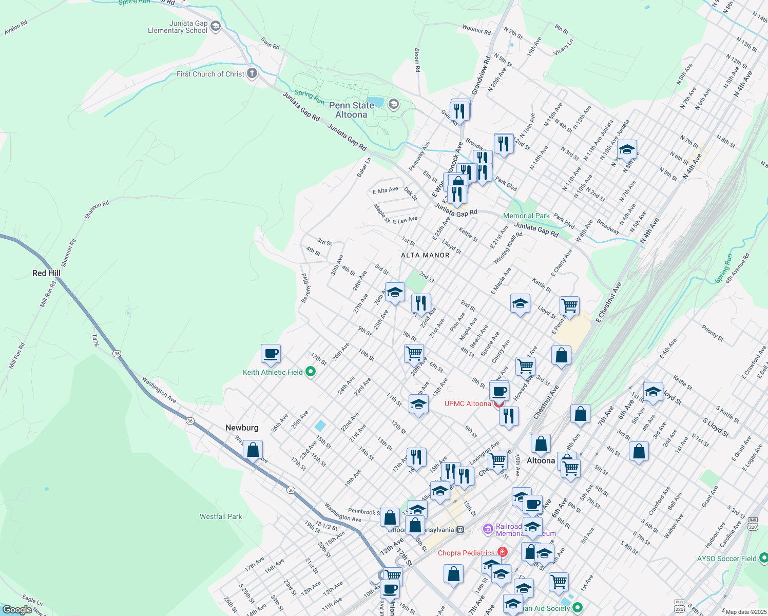map of restaurants, bars, coffee shops, grocery stores, and more near 416-18 25th Ave in Altoona
