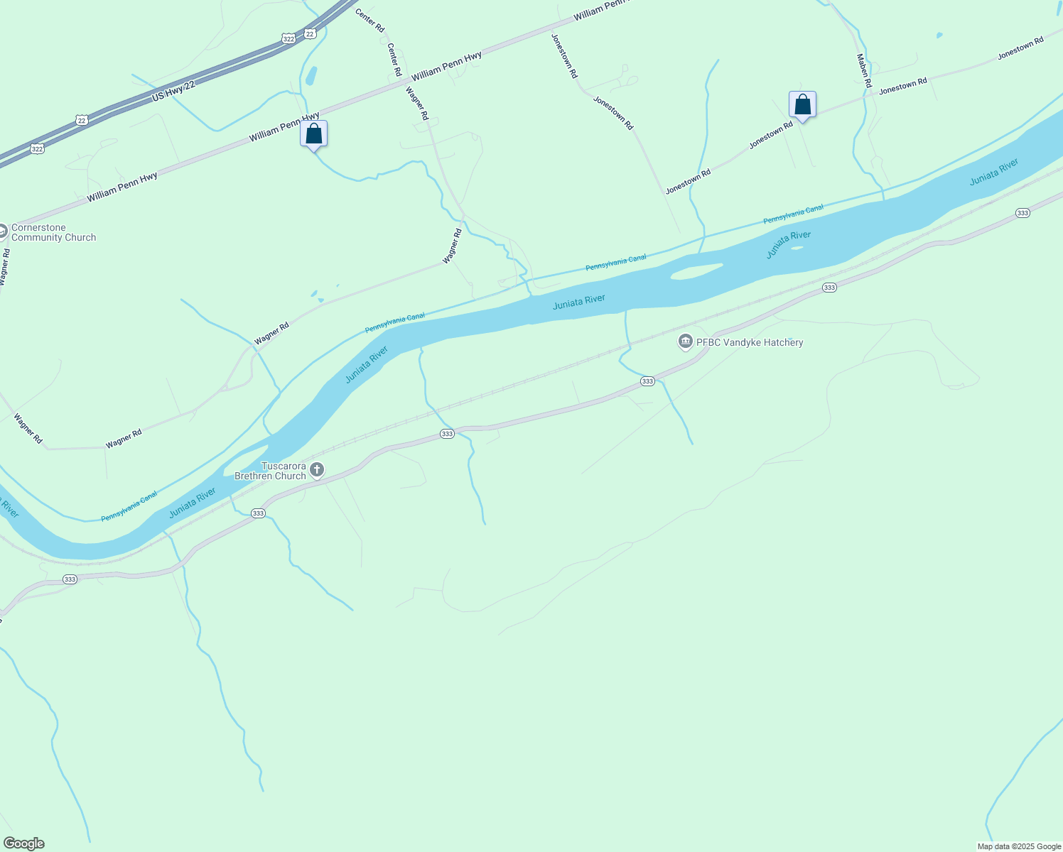 map of restaurants, bars, coffee shops, grocery stores, and more near 17674 Pennsylvania 333 in Port Royal