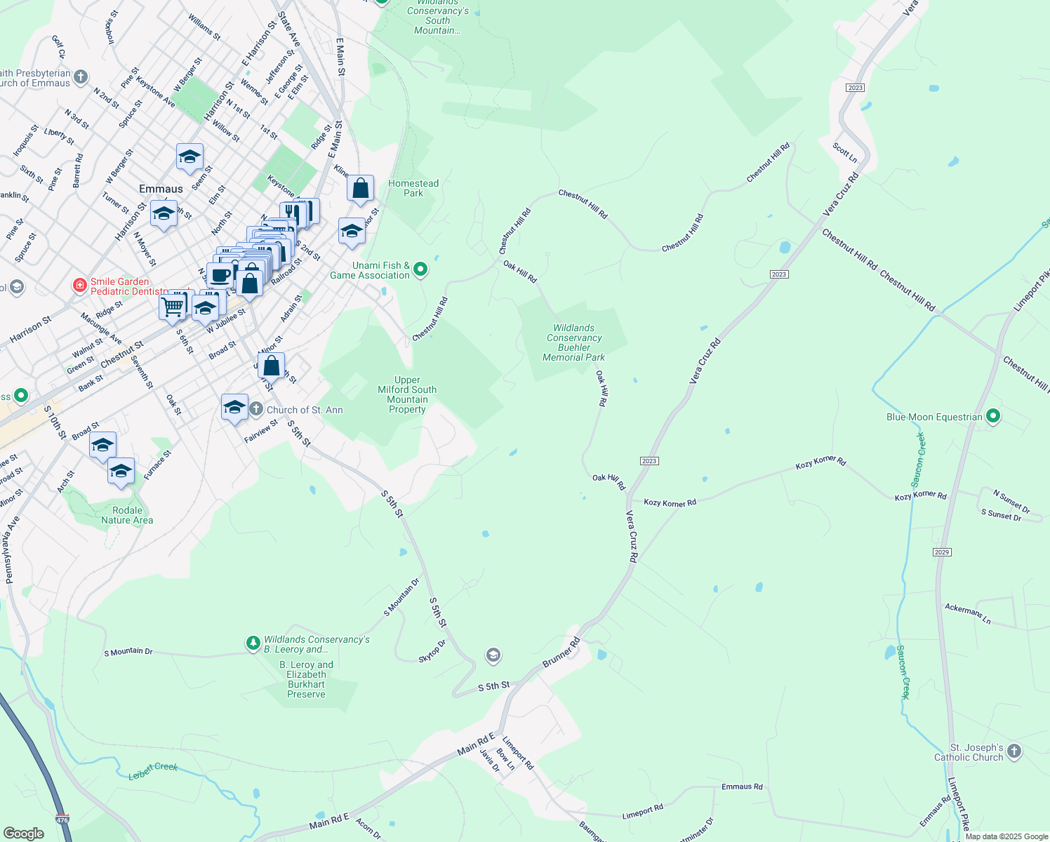 map of restaurants, bars, coffee shops, grocery stores, and more near 4551 Oak Hill Road in Emmaus