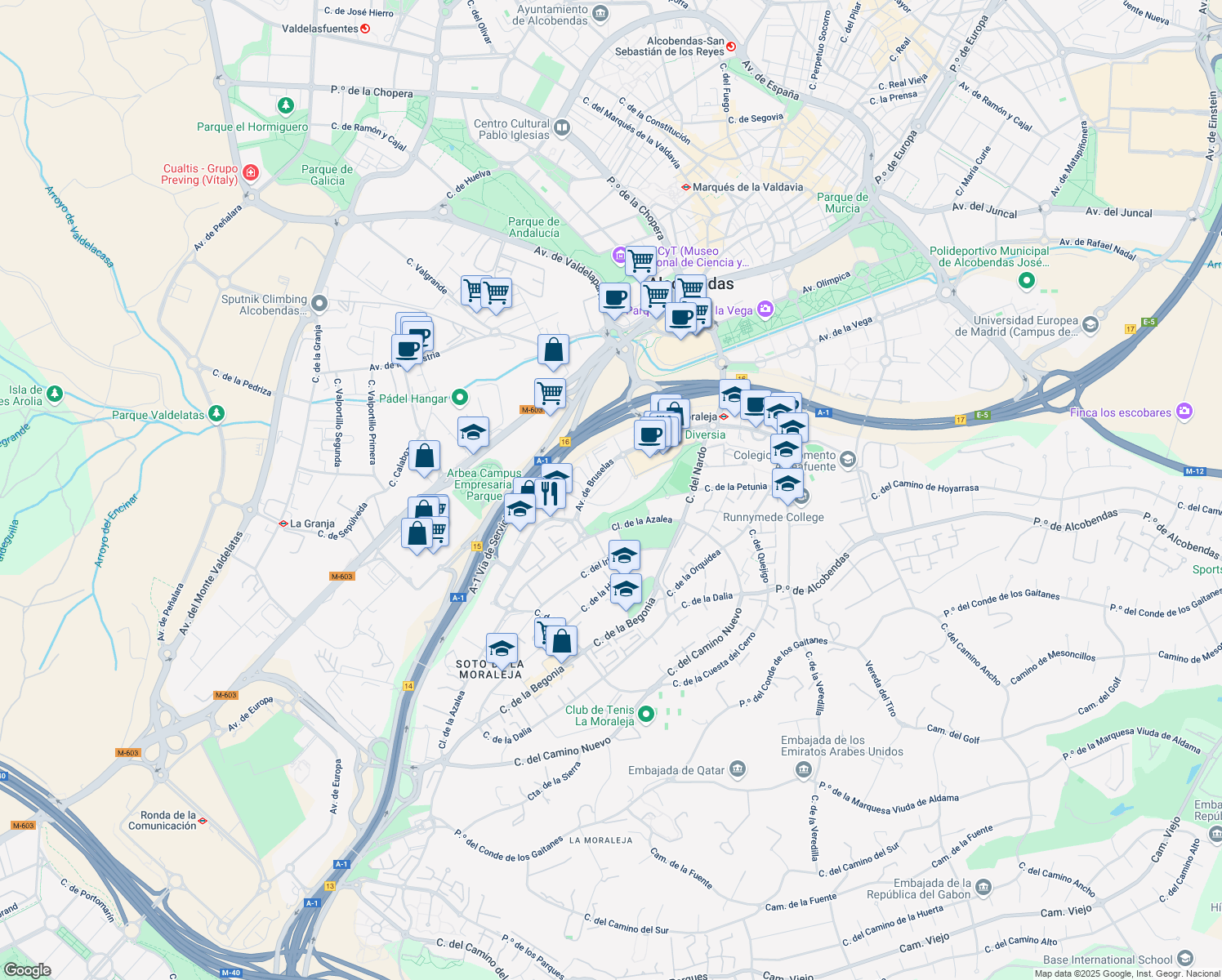 map of restaurants, bars, coffee shops, grocery stores, and more near 35 Avenida de Bruselas in Alcobendas