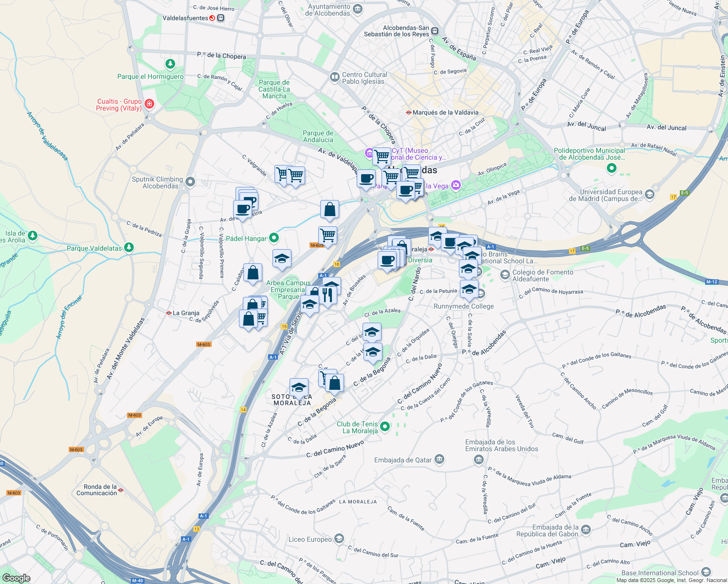 map of restaurants, bars, coffee shops, grocery stores, and more near 35 Avenida de Bruselas in Alcobendas
