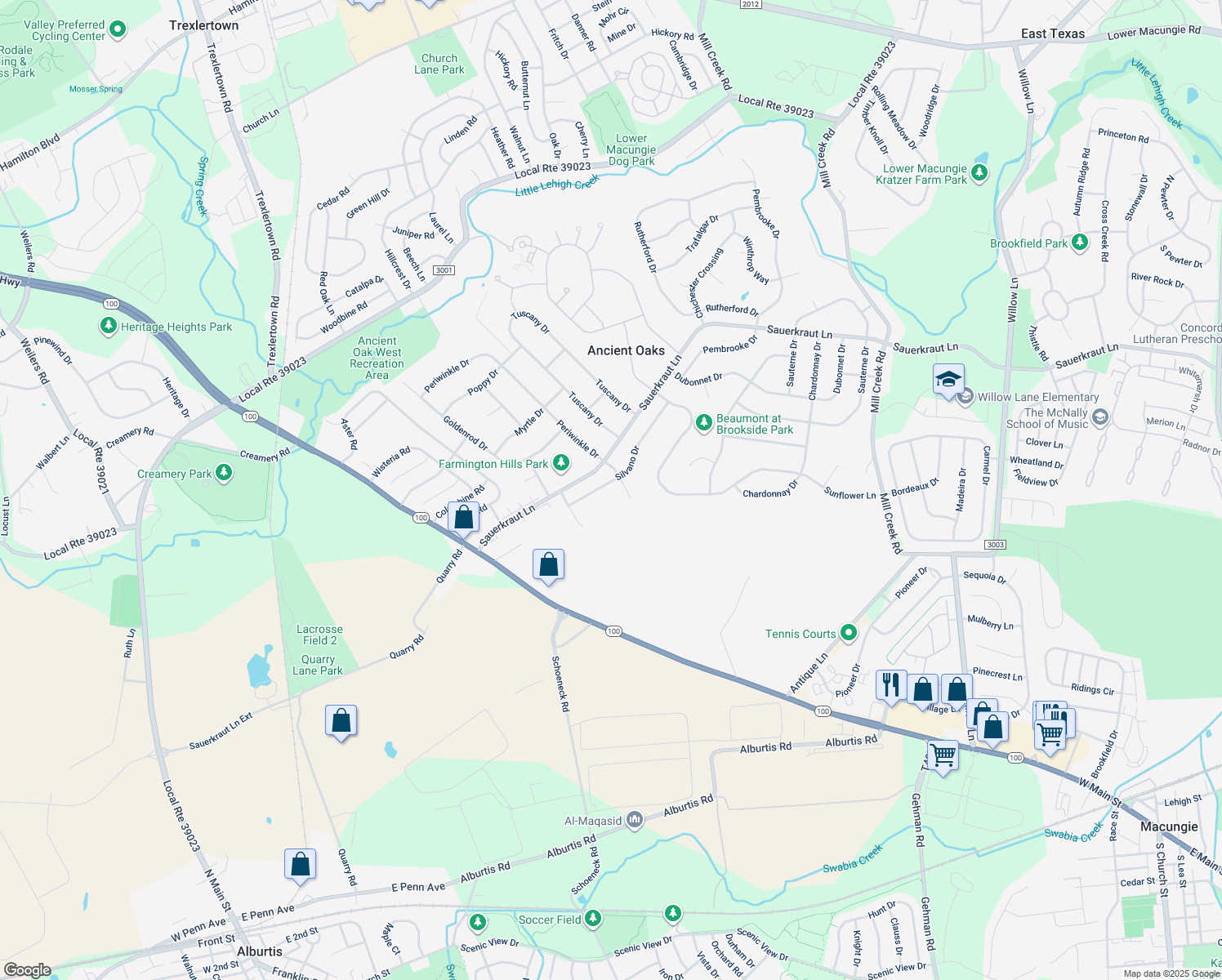 map of restaurants, bars, coffee shops, grocery stores, and more near 2370 Silvano Drive in Macungie