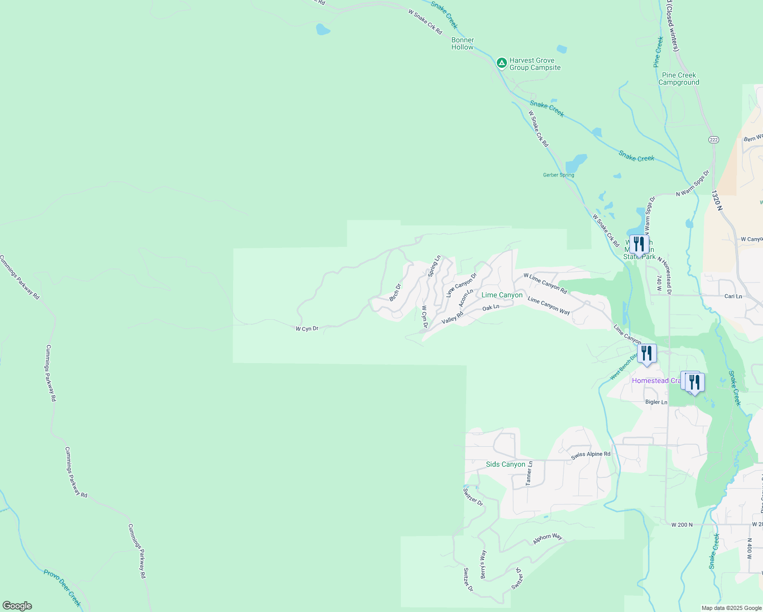 map of restaurants, bars, coffee shops, grocery stores, and more near 1912 Upper Canyon Drive in Midway