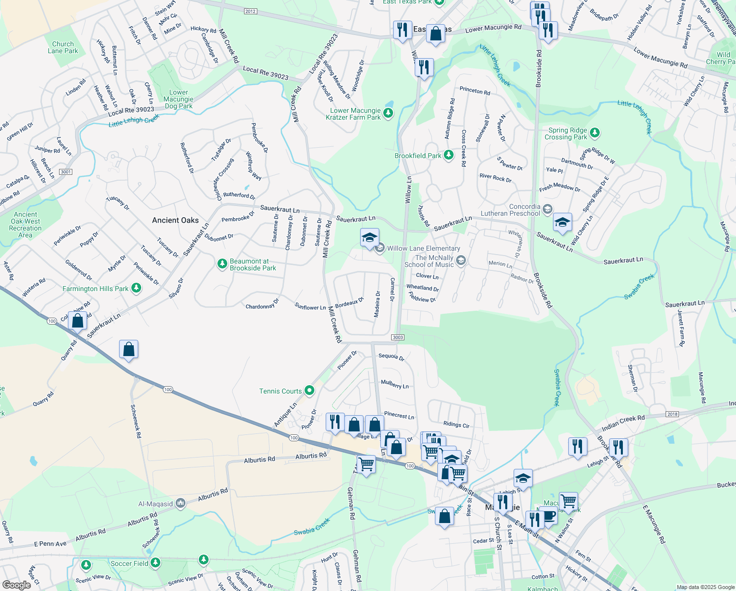 map of restaurants, bars, coffee shops, grocery stores, and more near 2337 Bordeaux Dr in Macungie