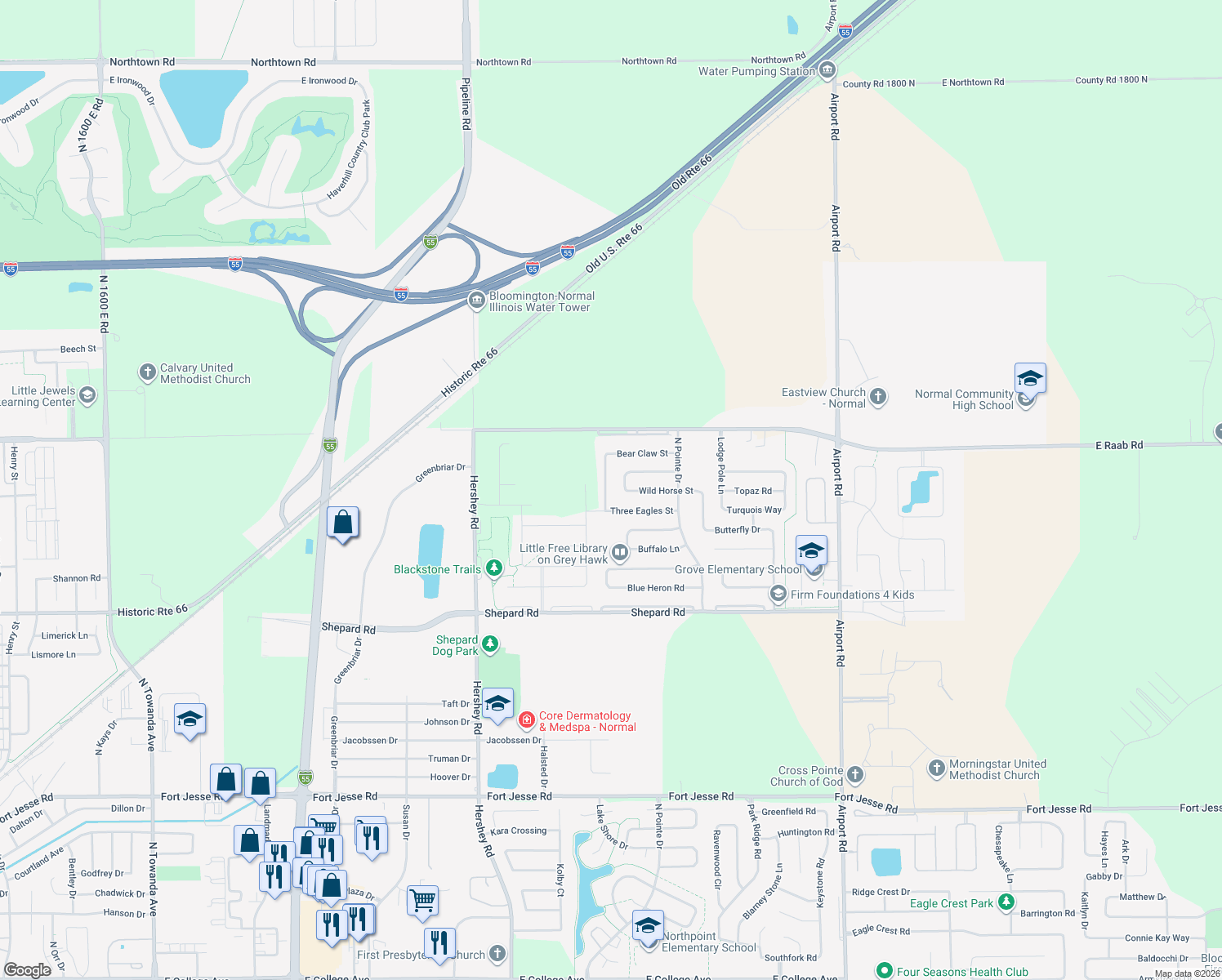 map of restaurants, bars, coffee shops, grocery stores, and more near 1200 Big Horn Way in Normal