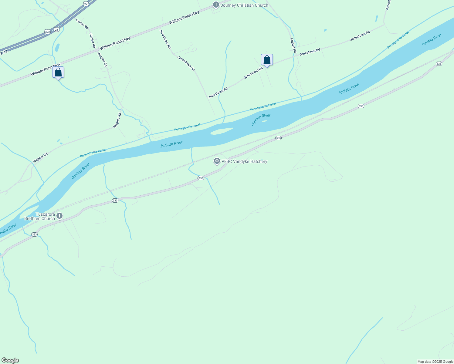 map of restaurants, bars, coffee shops, grocery stores, and more near 18528 Pennsylvania 333 in Port Royal