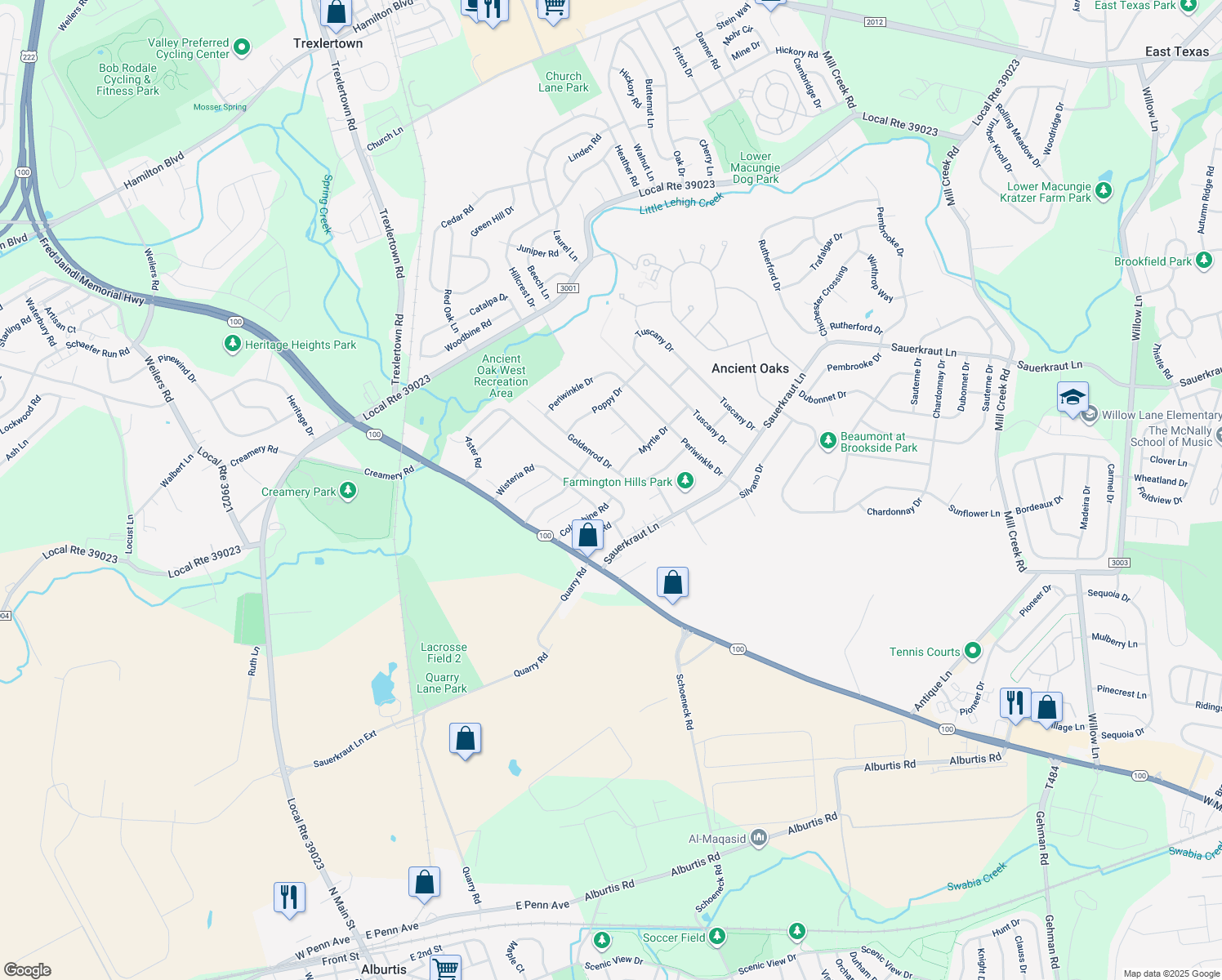 map of restaurants, bars, coffee shops, grocery stores, and more near 2157 Aster Road in Macungie
