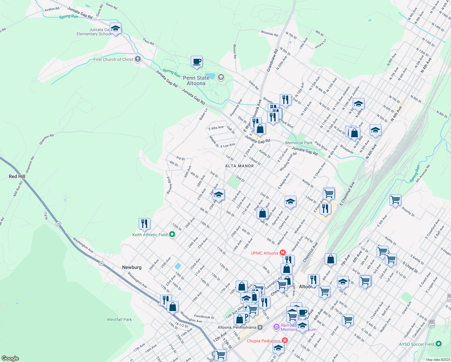 map of restaurants, bars, coffee shops, grocery stores, and more near 2500 3rd St in Altoona