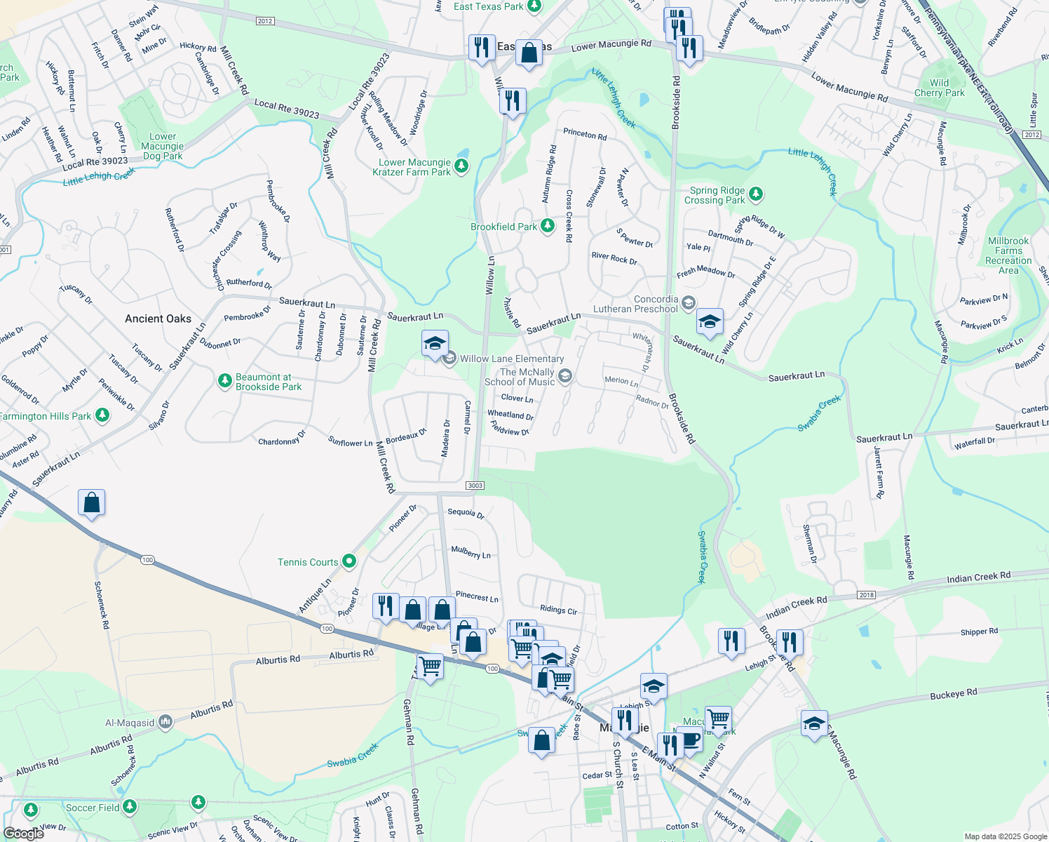 map of restaurants, bars, coffee shops, grocery stores, and more near 6216 Wheatland Dr in Macungie