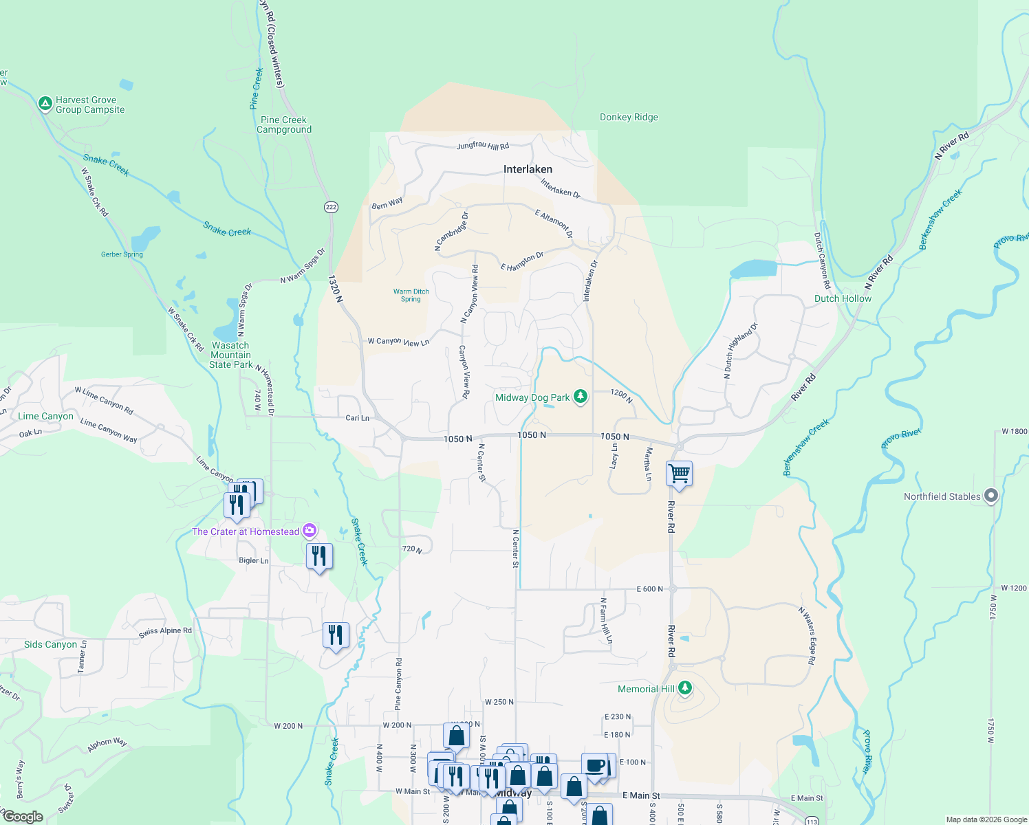 map of restaurants, bars, coffee shops, grocery stores, and more near 5 East Village Circle in Midway