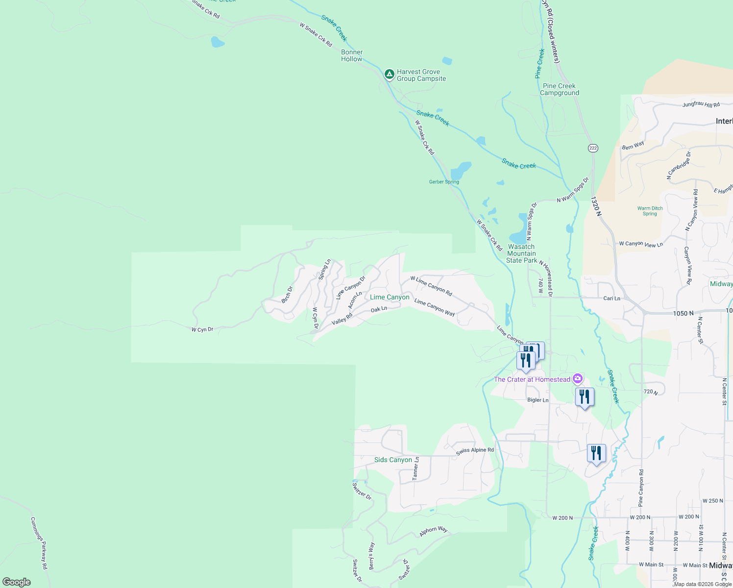 map of restaurants, bars, coffee shops, grocery stores, and more near Canyon Drive in Midway