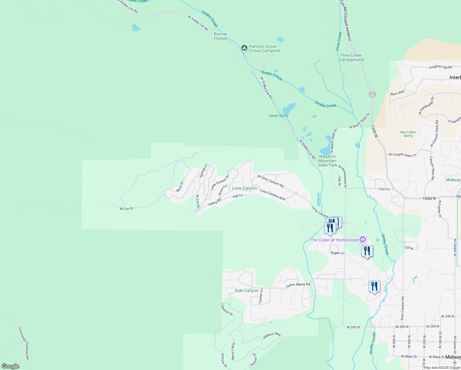 map of restaurants, bars, coffee shops, grocery stores, and more near Canyon Drive in Midway
