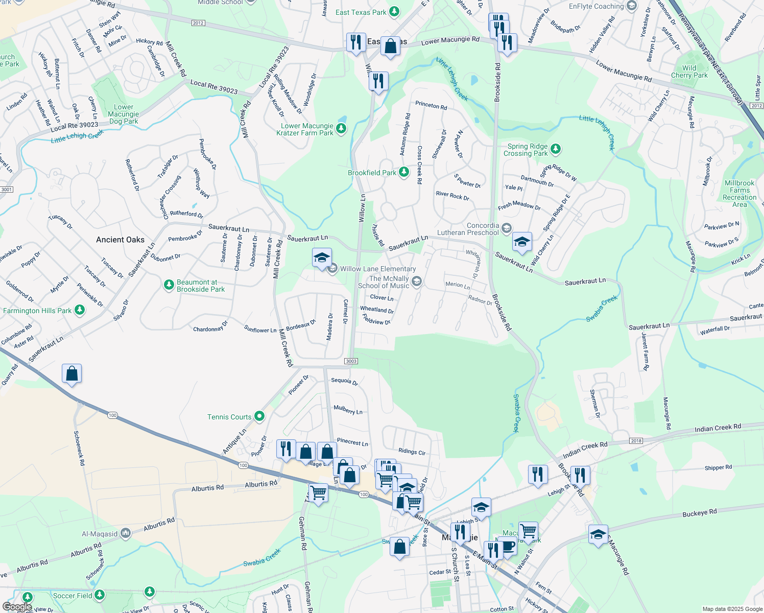 map of restaurants, bars, coffee shops, grocery stores, and more near 6221 Wheatland Drive in Macungie