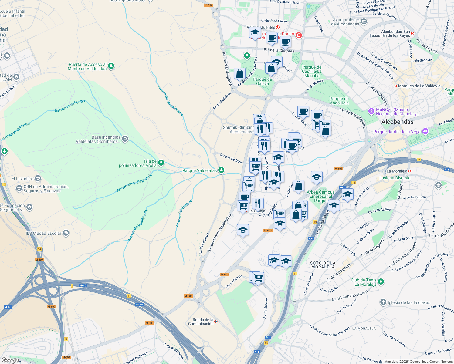 map of restaurants, bars, coffee shops, grocery stores, and more near 24 Avenida del Monte Valdelatas in Alcobendas