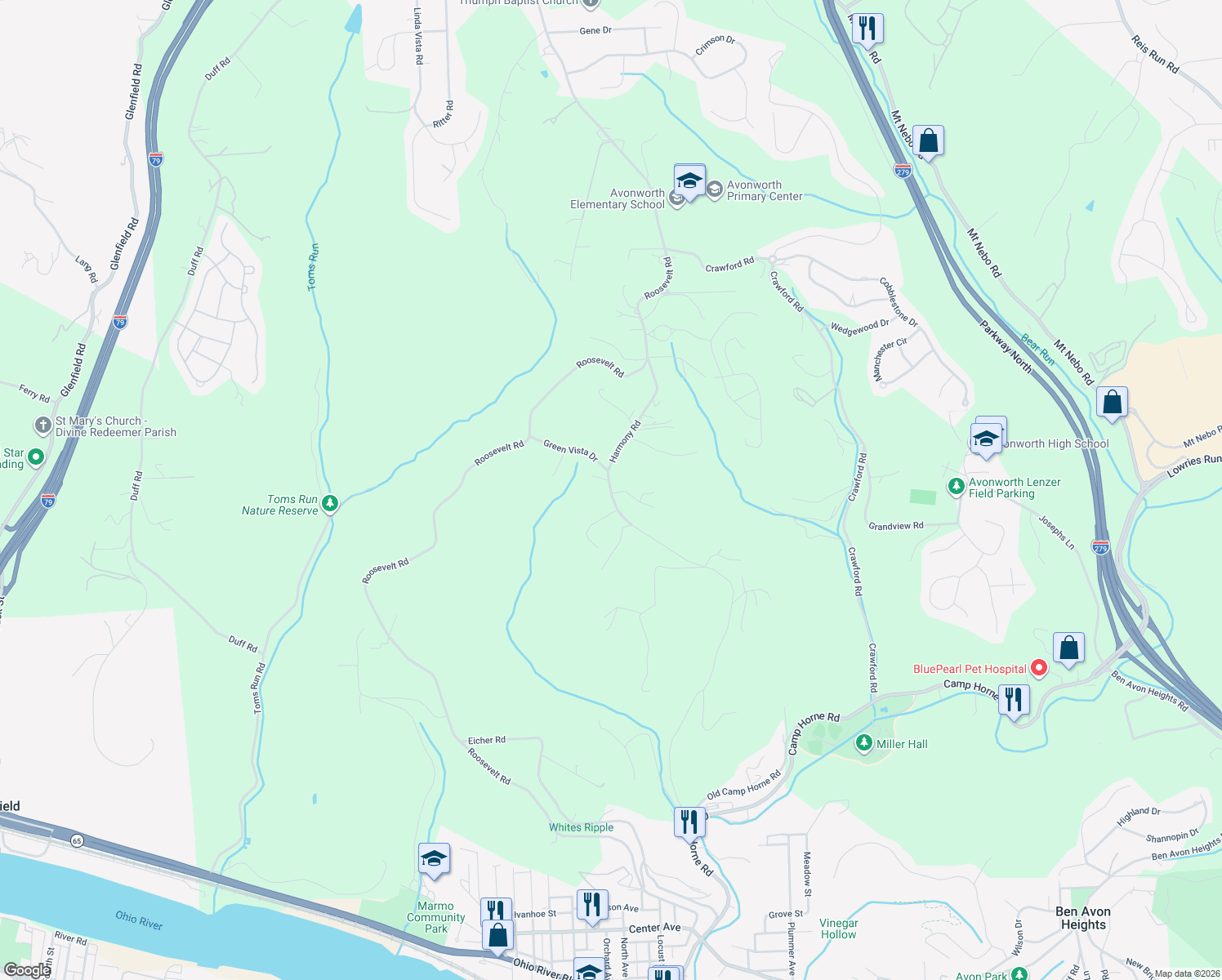 map of restaurants, bars, coffee shops, grocery stores, and more near 625 Harmony Road in Pittsburgh