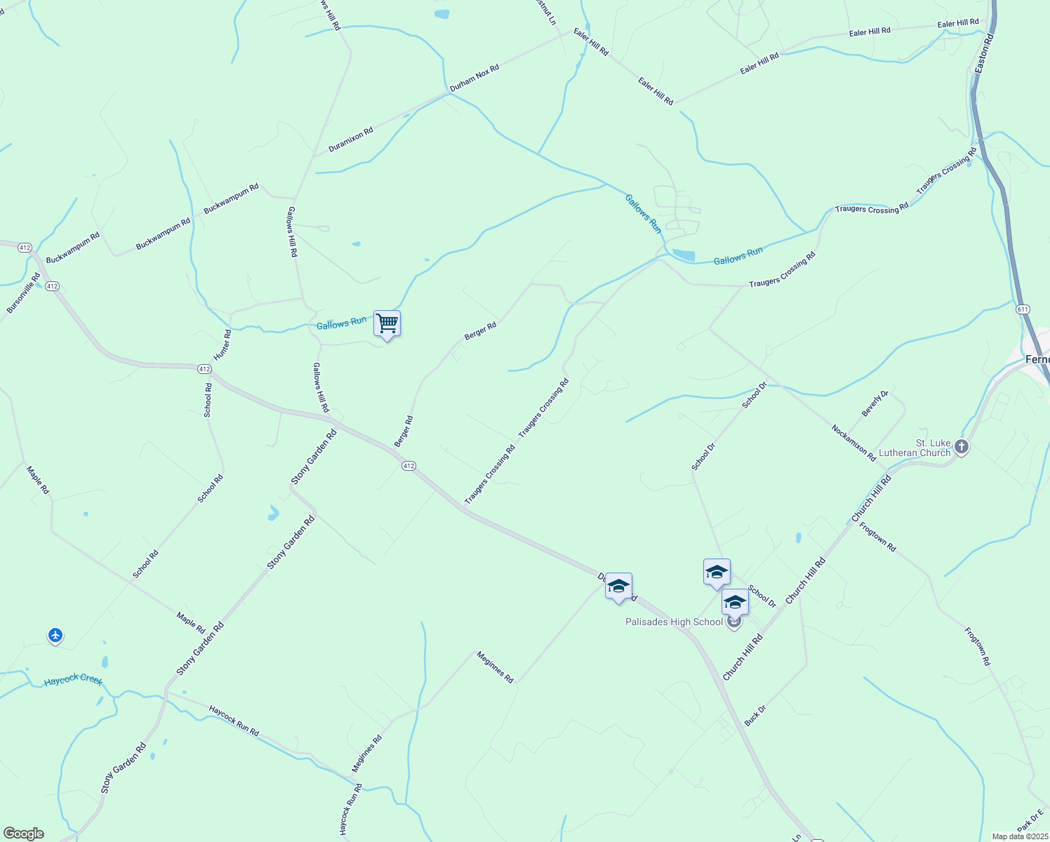 map of restaurants, bars, coffee shops, grocery stores, and more near 85 Traugers Crossing Road in Kintnersville