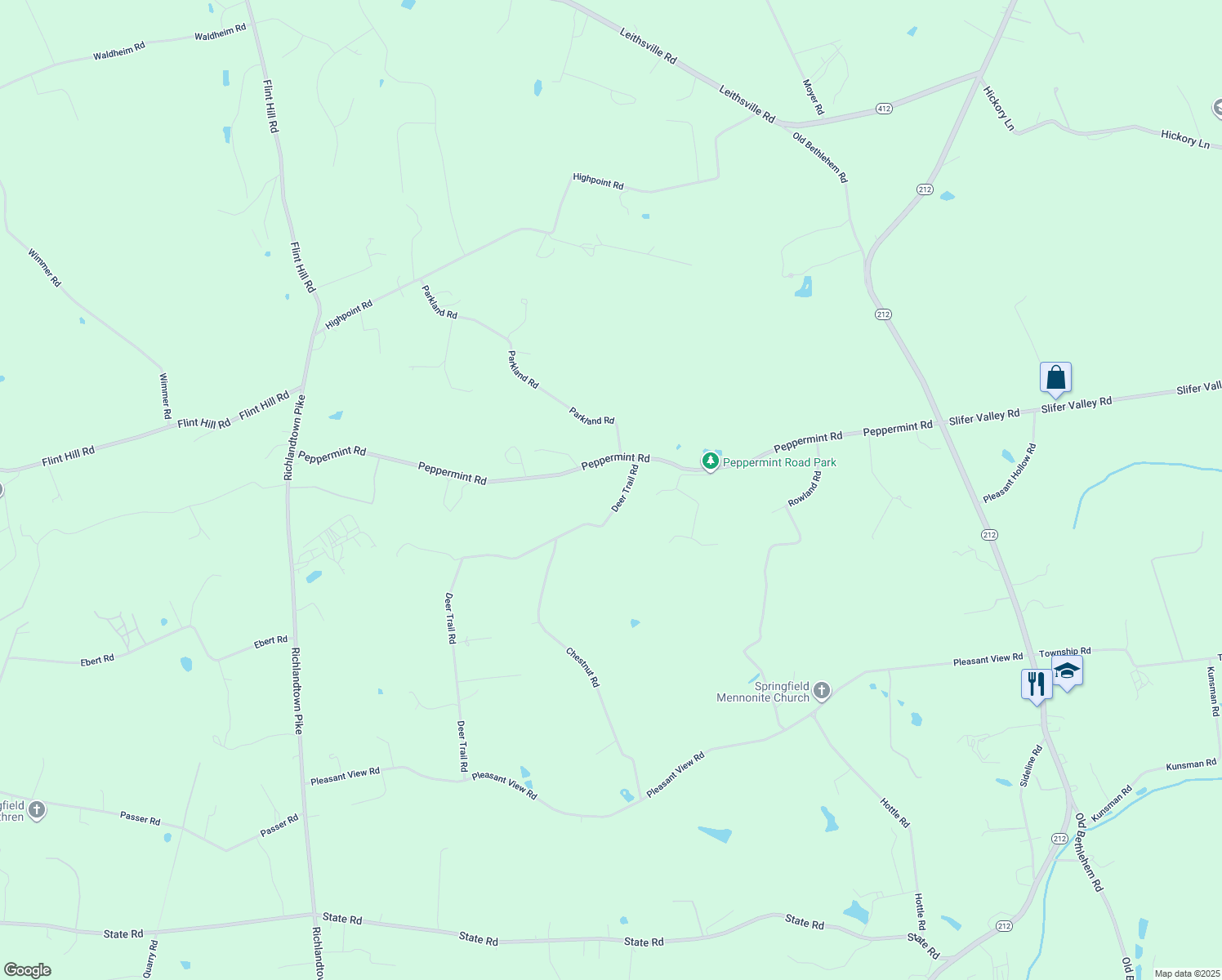 map of restaurants, bars, coffee shops, grocery stores, and more near 2496 Deer Trail Road in Coopersburg