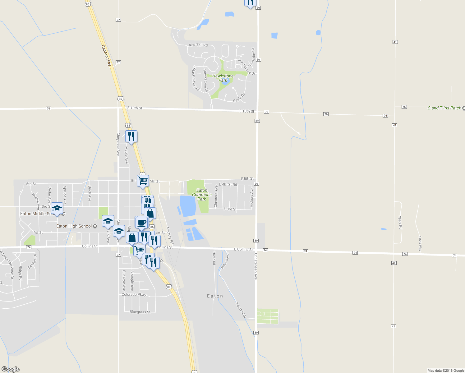 map of restaurants, bars, coffee shops, grocery stores, and more near South 5th Street in Eaton
