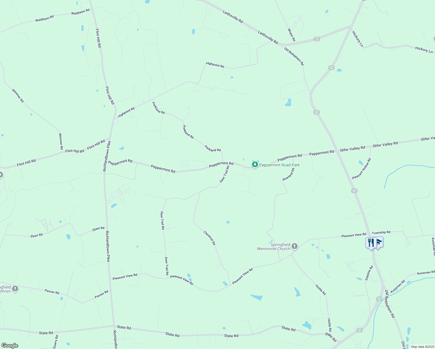map of restaurants, bars, coffee shops, grocery stores, and more near 2496 Deer Trail Road in Coopersburg